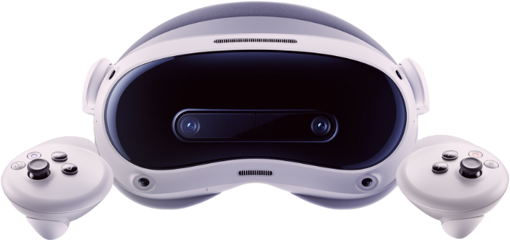 VR-Headset mit Controllern. Weißes Headset mit dunkler Vorderseite und zwei Controllern. Die Controller haben Knöpfe und Joysticks.