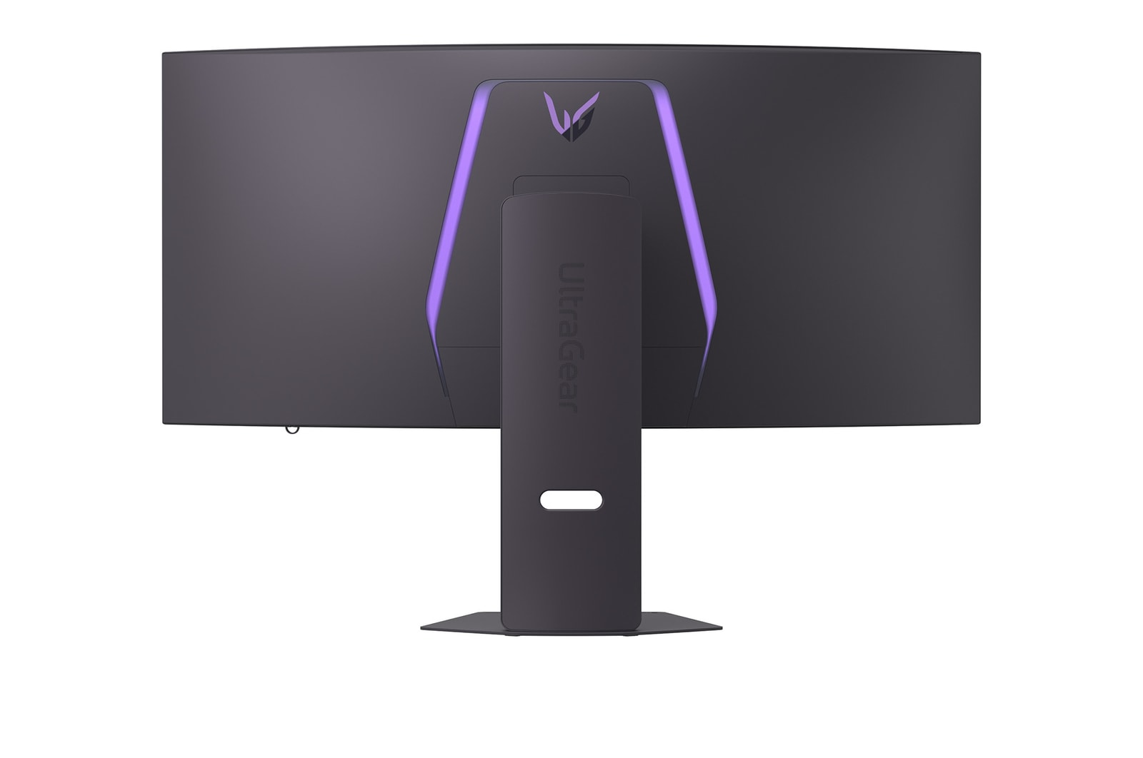 Back of a curved black monitor. Purple lights frame the top, with an LG logo. The stand says UltraGear.