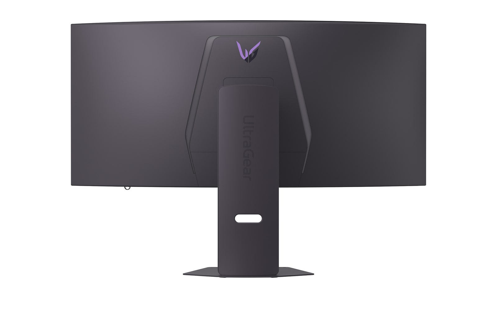Rear view of a dark gray curved monitor. It has a stand, with the brand name 'UltraGear' and a logo. The background is white.