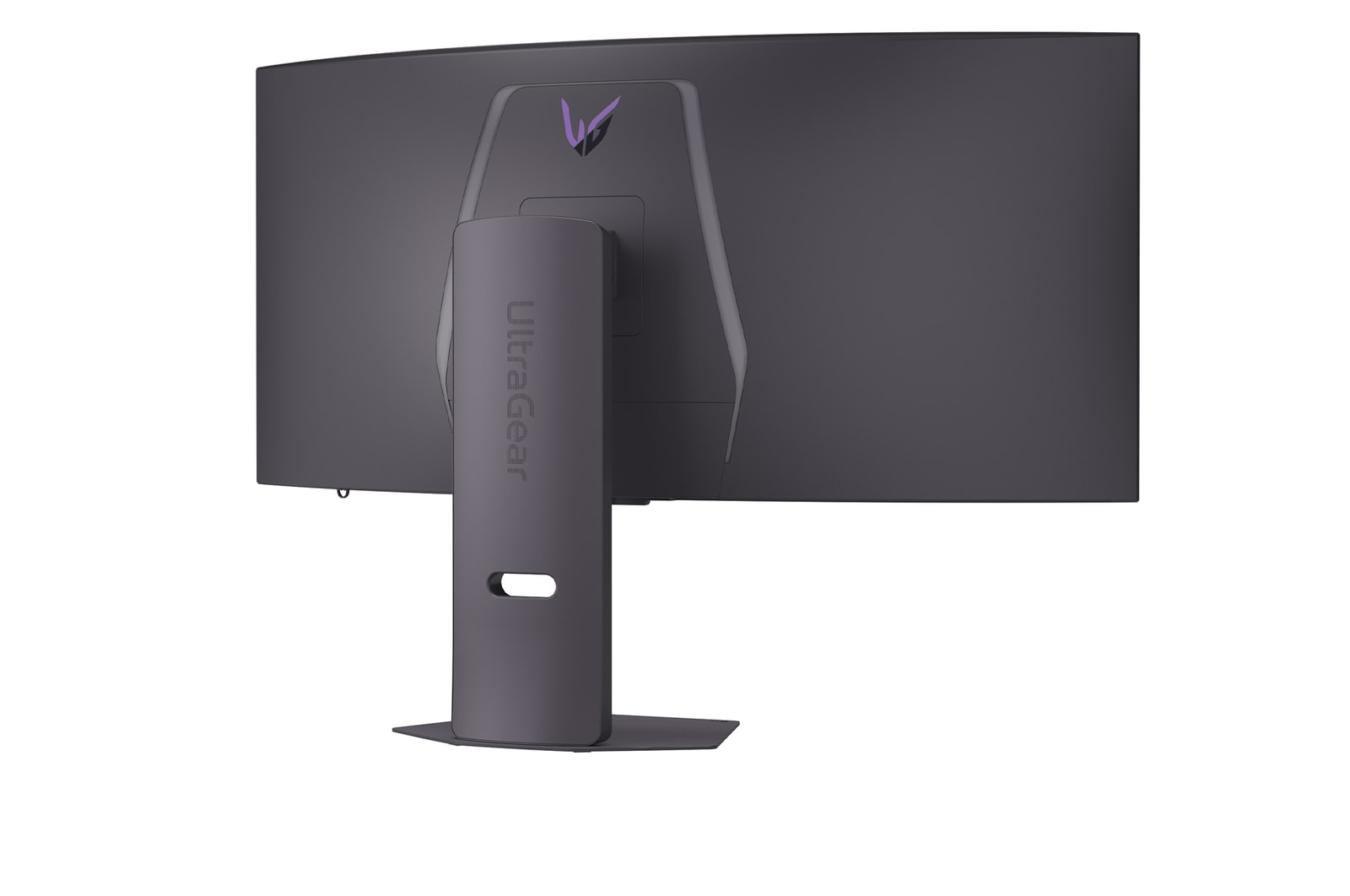 Rear view of a curved, dark gray computer monitor. It has an 'UltraGear' stand and the LG logo. The background is plain white.