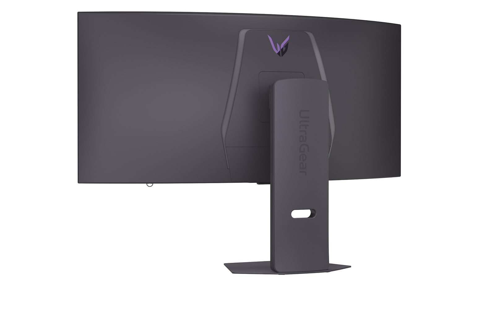 Rear view of a curved dark gray monitor. It has a stand with 'UltraGear' printed on it. The LG logo is visible.