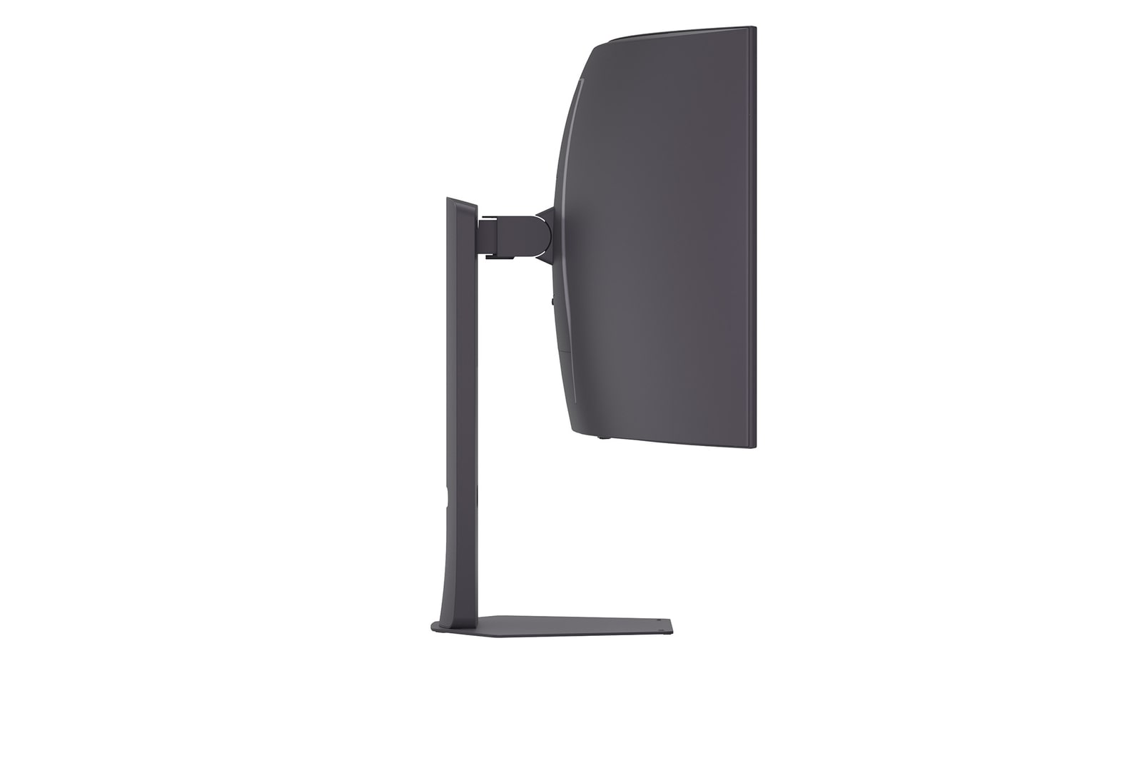 Side view of a dark gray computer monitor. It is on a stand, with a curved screen, against a white background.