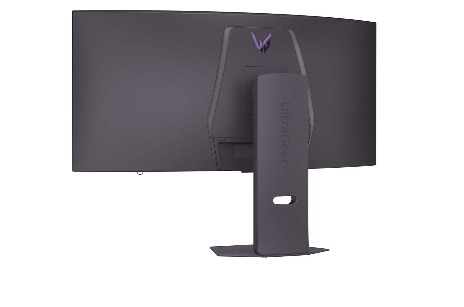 Rear view of a curved UltraGear monitor. It is dark gray, with the logo in purple. The stand is also gray, with the brand name.