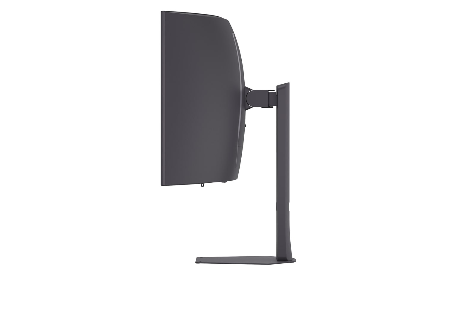 A gray computer monitor is shown from the side. The stand is attached to the back. The screen is curved.