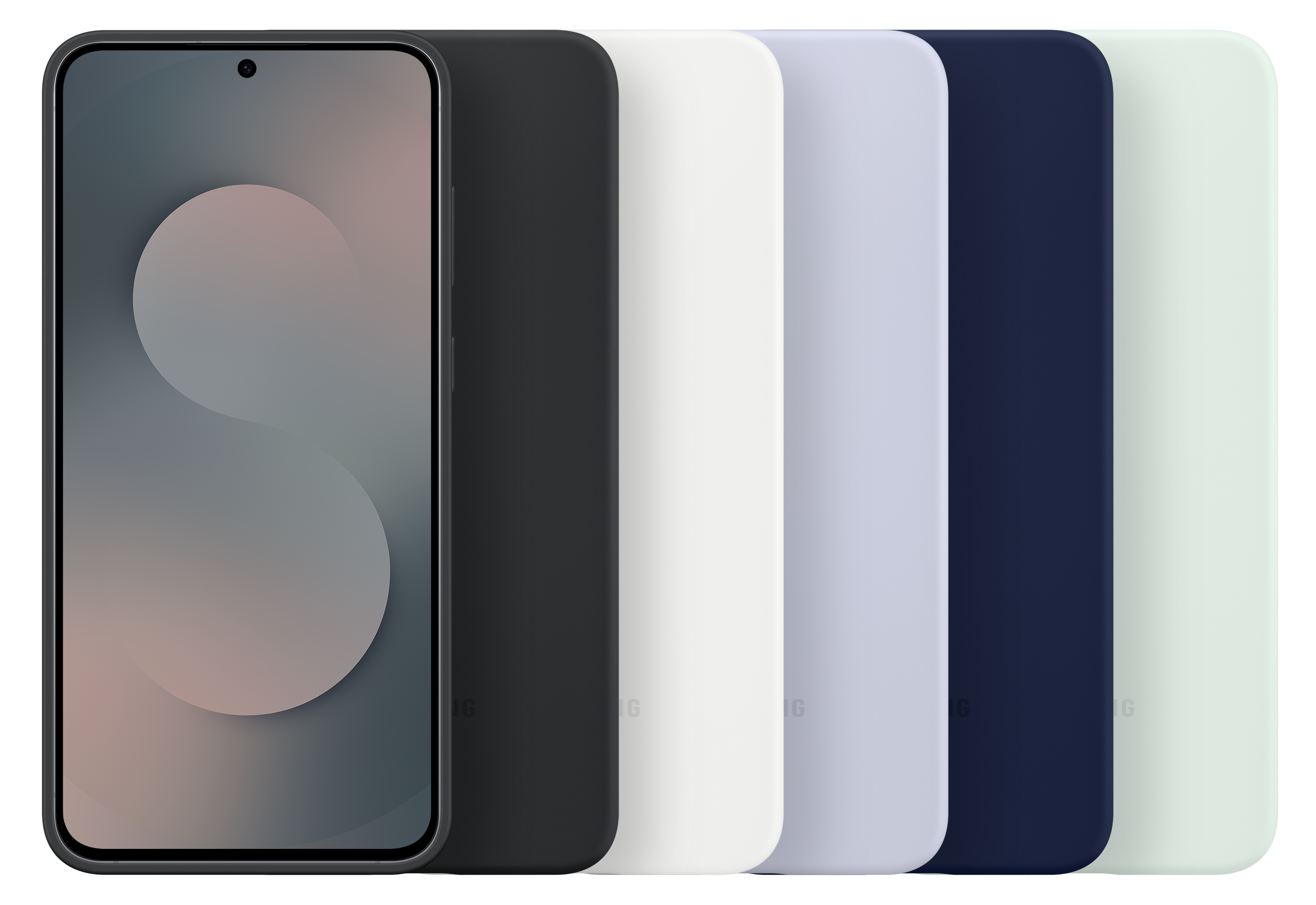 Smartfon z pastelowym tłem jest wyświetlany obok wielu etui na telefony w różnych kolorach: czarnym, białym, niebieskim i zielonym.