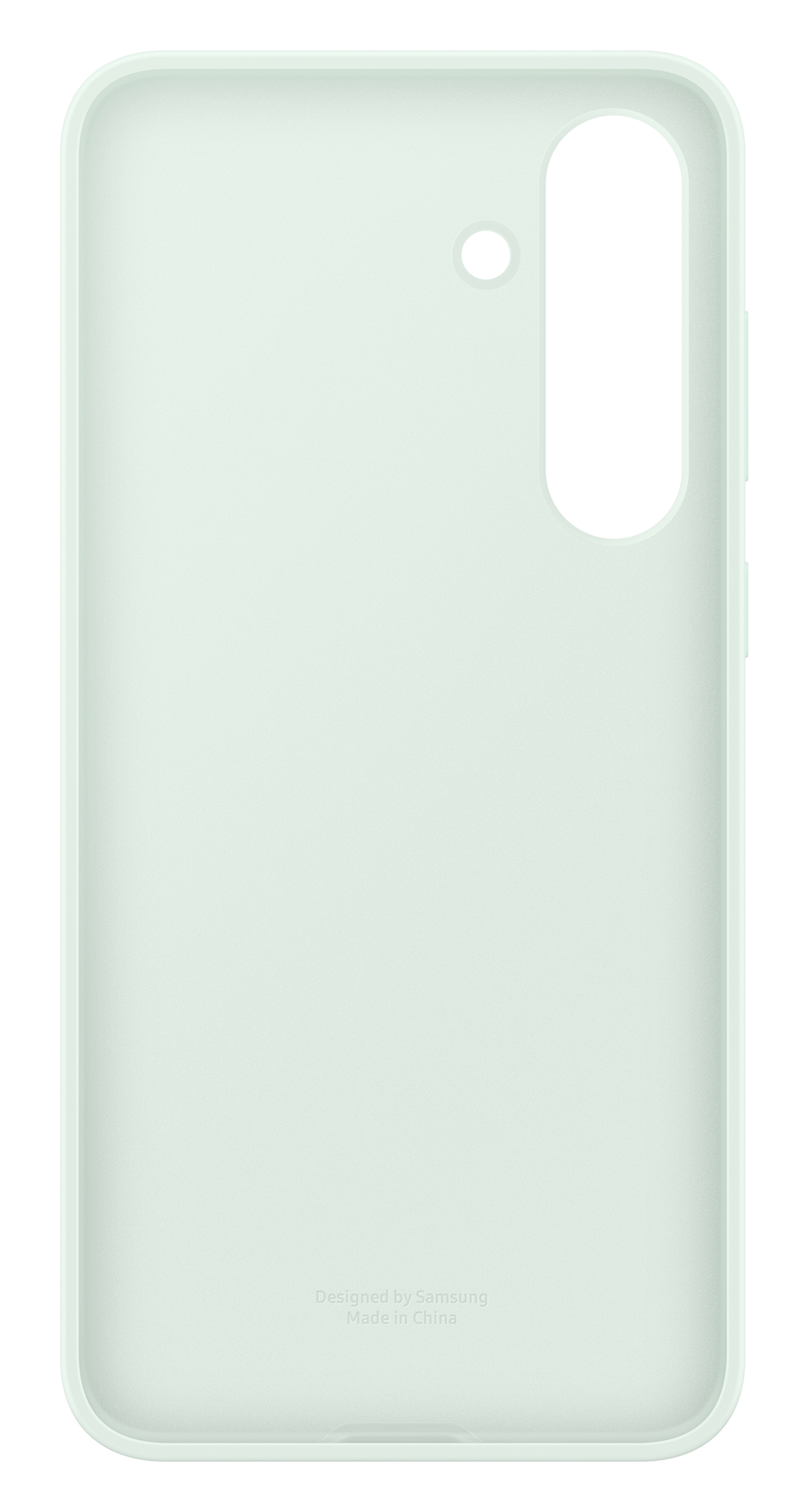 Jasnozielone etui na telefon z wycięciem na aparat i małym otworem. Na etui napisano "Designed by Samsung Made in China".