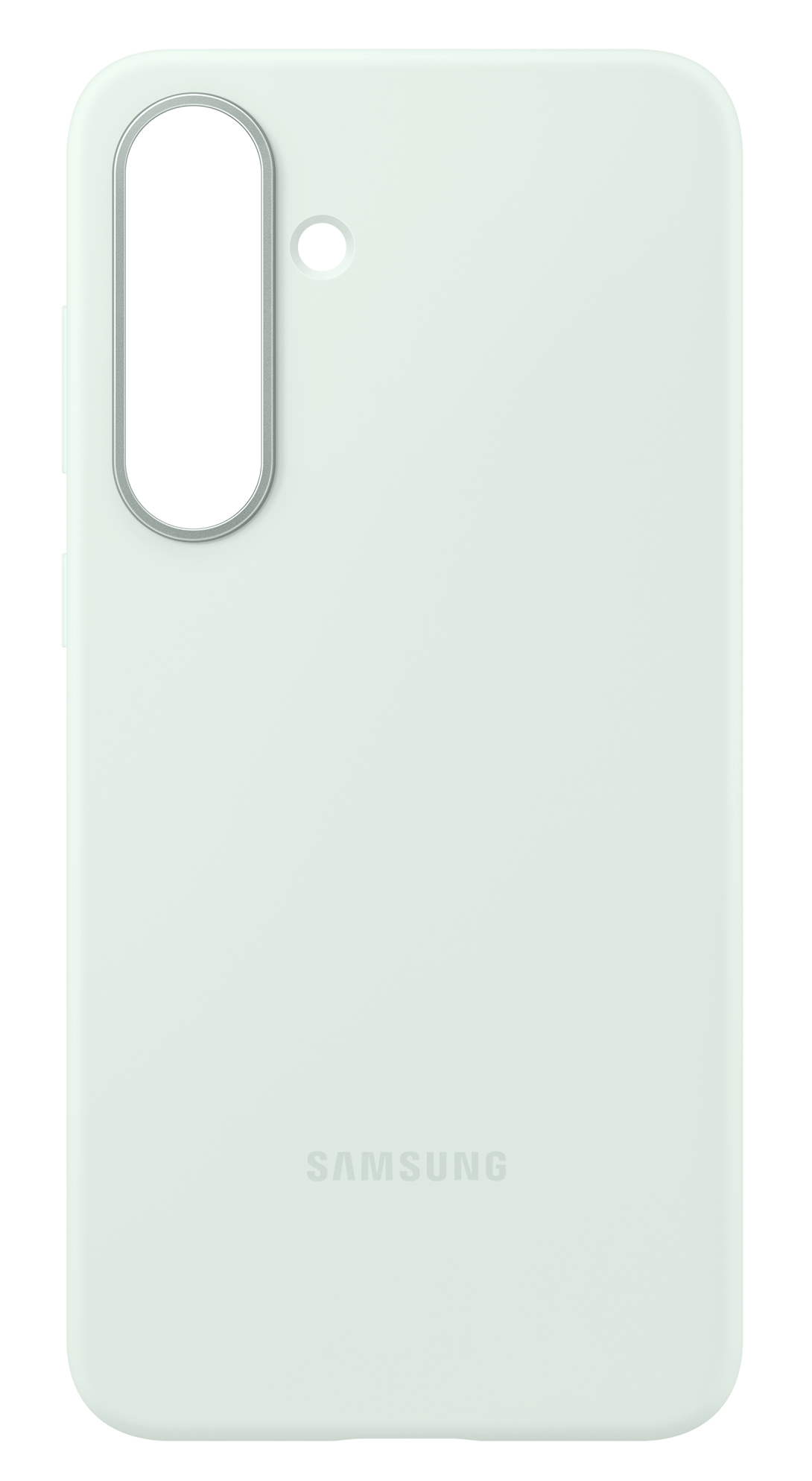 Jasnozielone etui na telefon. Ma wycięcie na aparat, czarną kropkę i napis SAMSUNG na dole.