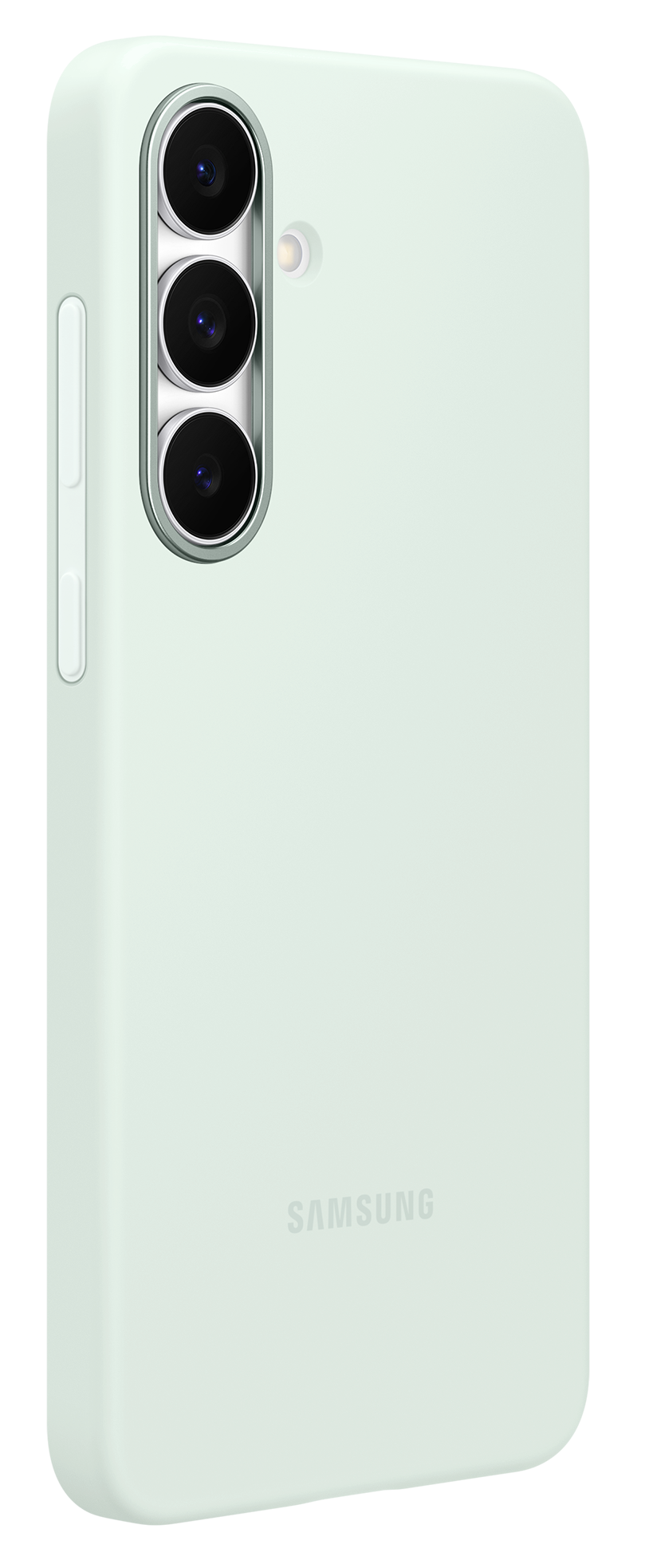 Jasnozielony smartfon z trzema obiektywami aparatu i lampą błyskową. Widoczne logo Samsung. Telefon jest na czarnym tle.