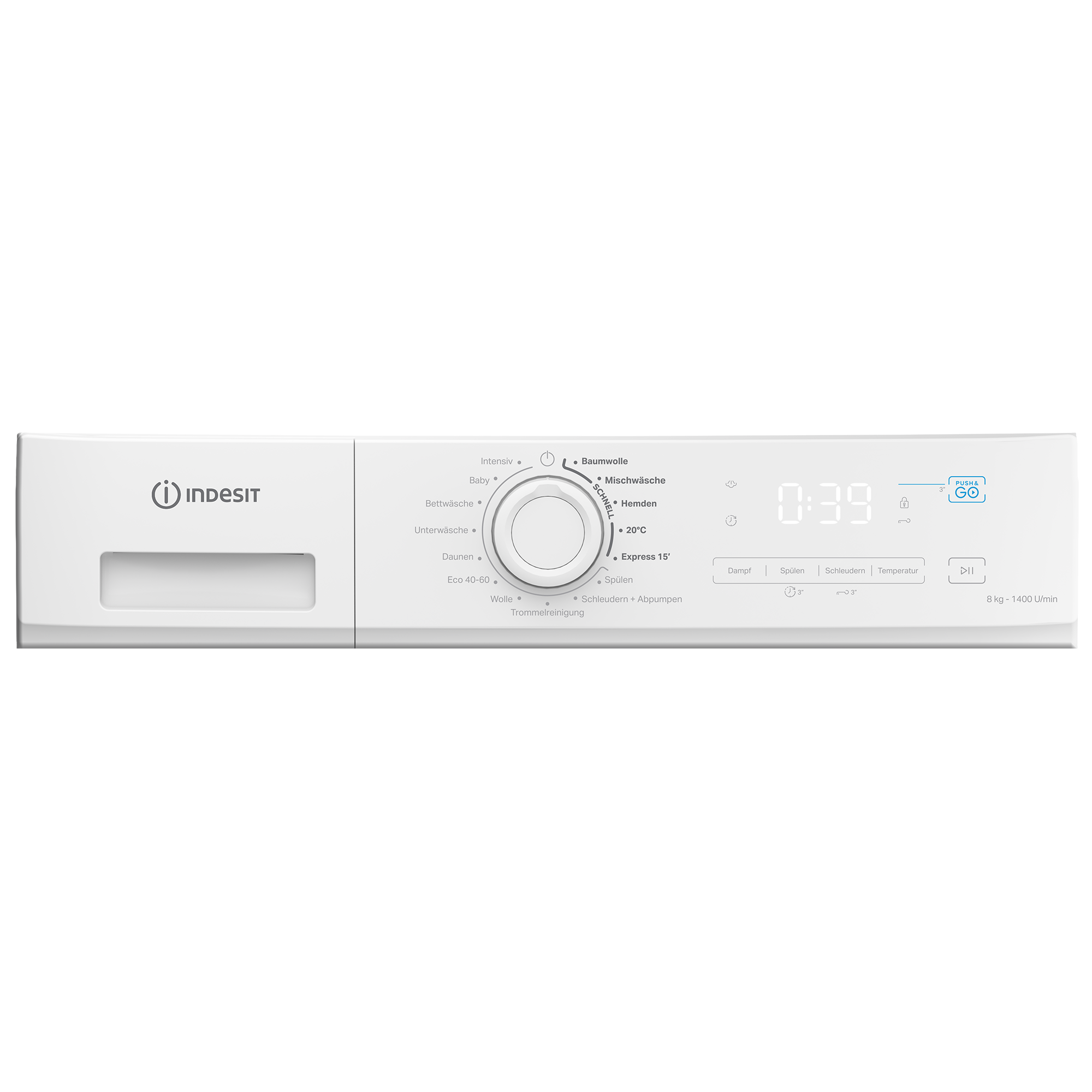 Weißes Bedienfeld der Indesit-Waschmaschine. Mit Drehregler für Waschprogramme und Digitalanzeige für Zeit und Einstellungen.