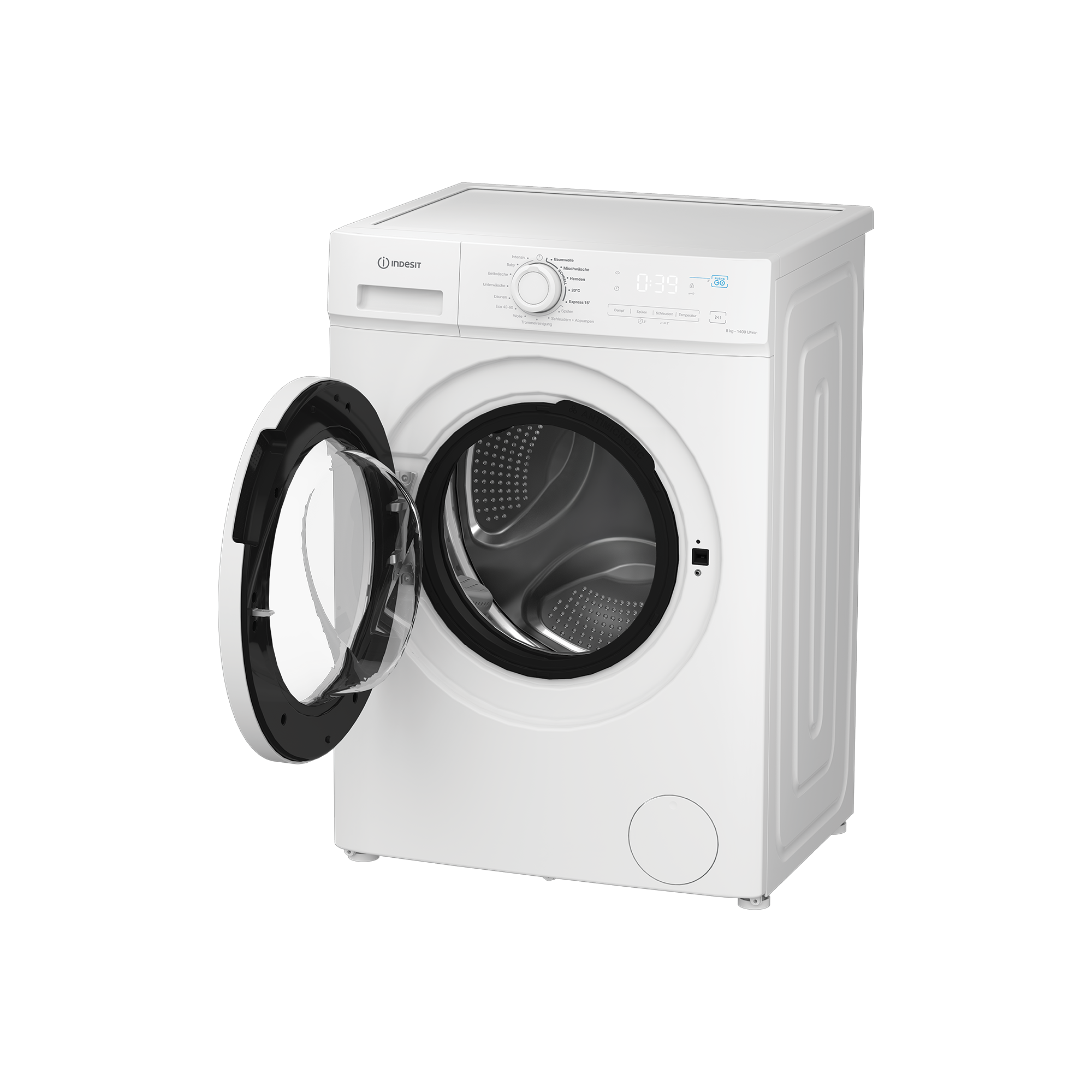 Eine weiße Indesit-Waschmaschine mit offener Tür, die die Trommel zeigt. Die Maschine zeigt einen Timer.