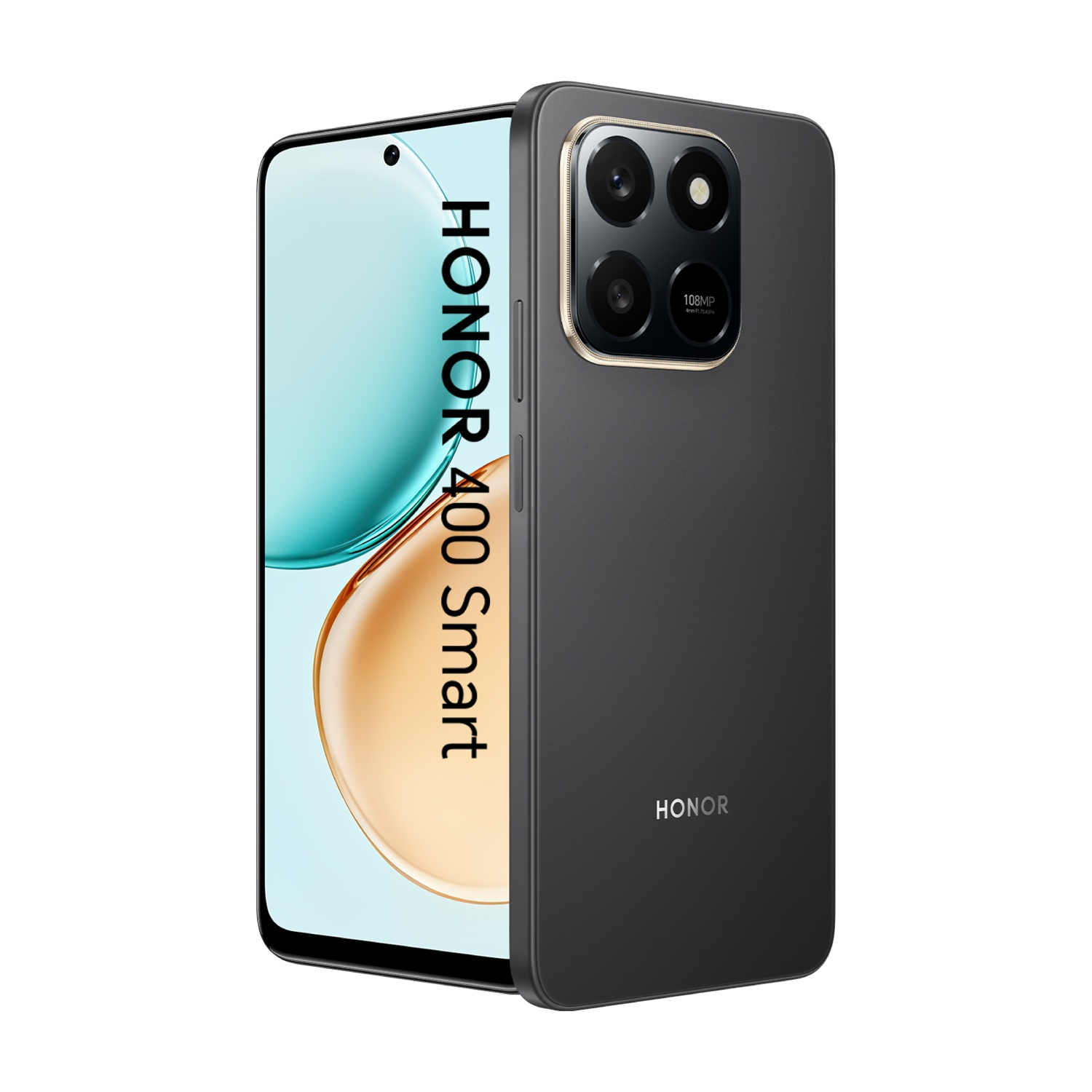 Un telefono nero Honor 400 Smart. Lo schermo mostra sfumature blu e oro. Il retro ha quattro fotocamere.