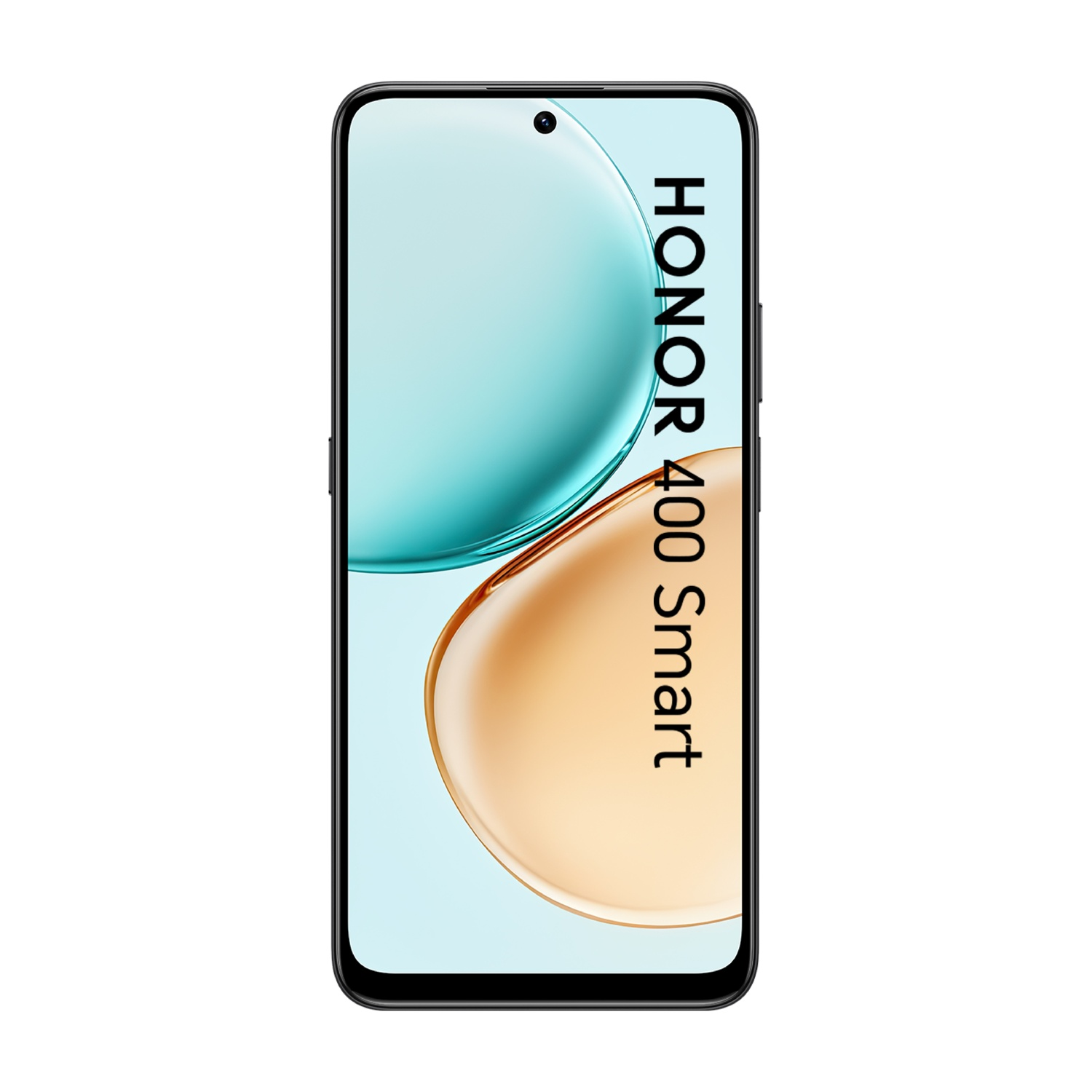 Uno smartphone nero che mostra una sfumatura blu e oro, con le parole "HONOR 400 Smart" verticalmente sullo schermo.