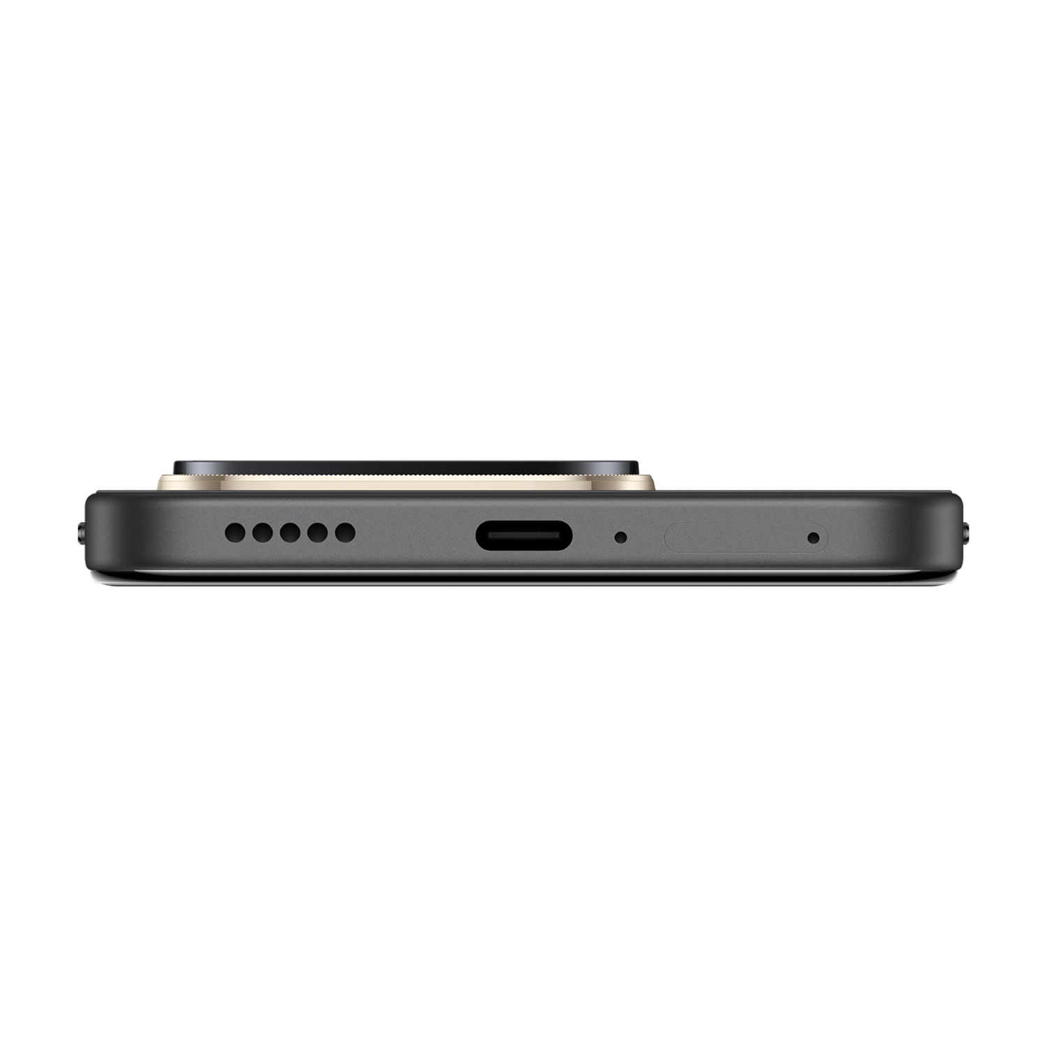 Smartphone nero, vista laterale, che mostra il bordo inferiore con porta USB-C, fori degli altoparlanti e microfono su sfondo bianco.