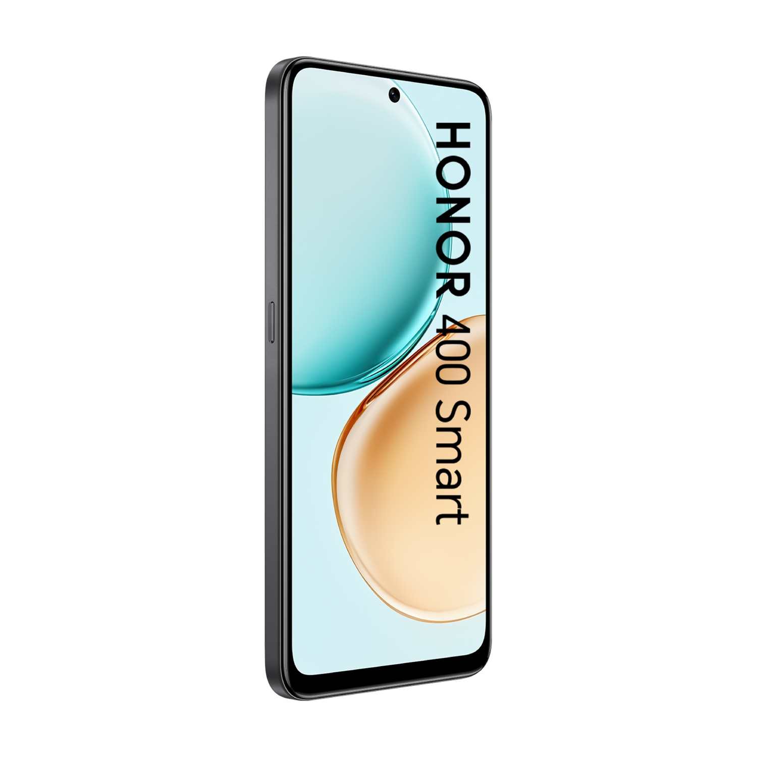 Un telefono nero Honor 400 Smart. Lo schermo mostra una sfumatura turchese e oro. Il nome del telefono è scritto verticalmente sullo schermo.