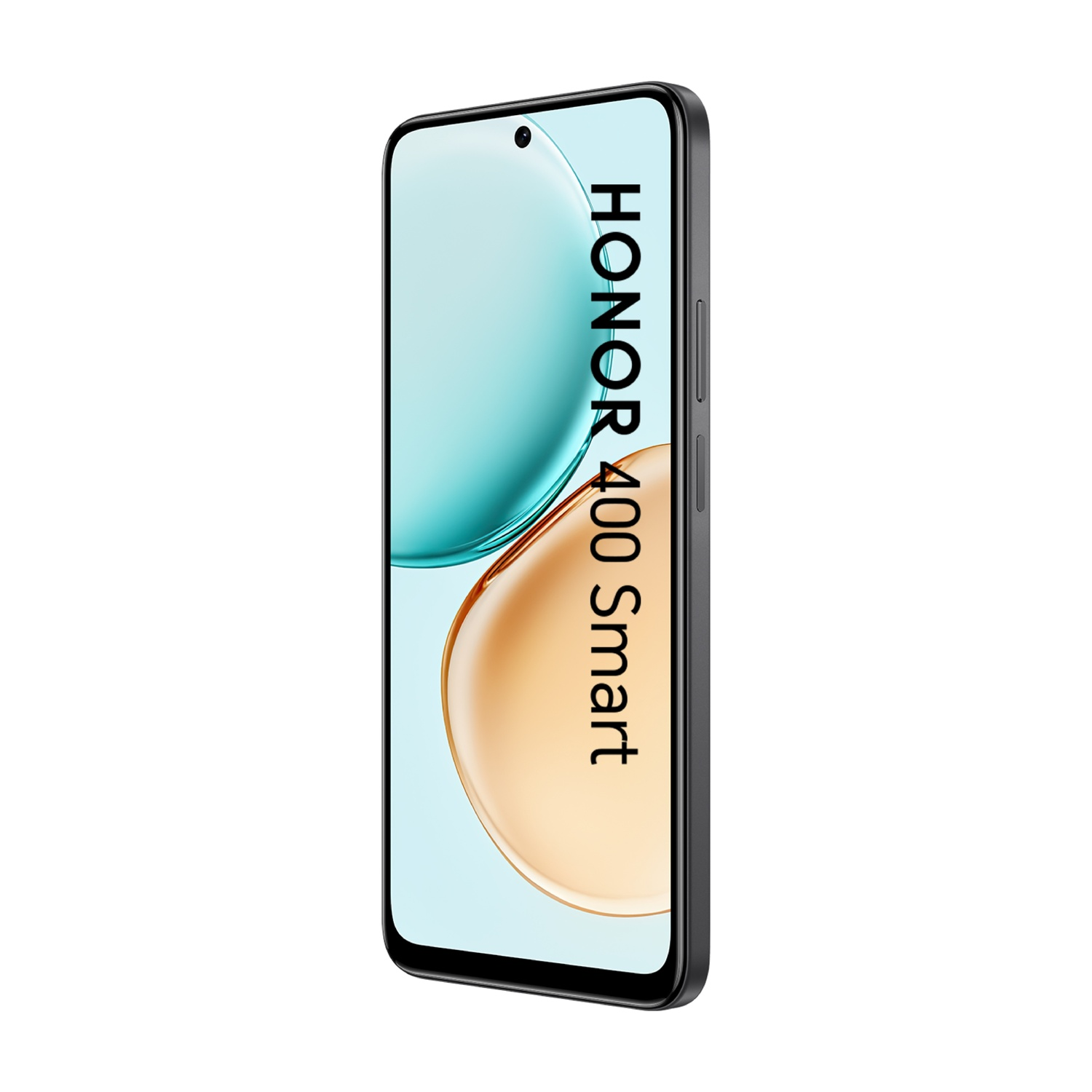 Un telefono Honor 400 Smart, cornice nera, con uno schermo che mostra sfumature blu e oro. Il telefono è angolato, con il nome visibile.