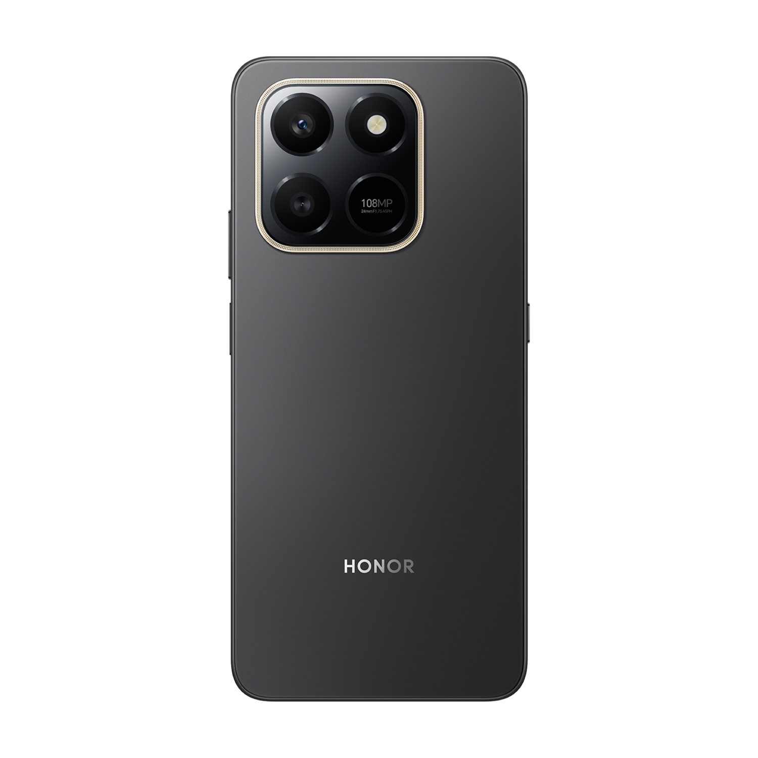 Uno smartphone HONOR grigio scuro. Ha un modulo fotocamera con quattro obiettivi e il logo del marchio in basso. Lo sfondo è bianco.