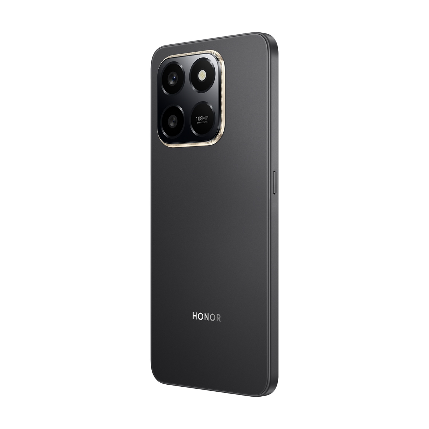 Telefono Honor nero con quattro fotocamere posteriori e la scritta HONOR. Dettagli oro sulla fotocamera e sui bordi del telefono.