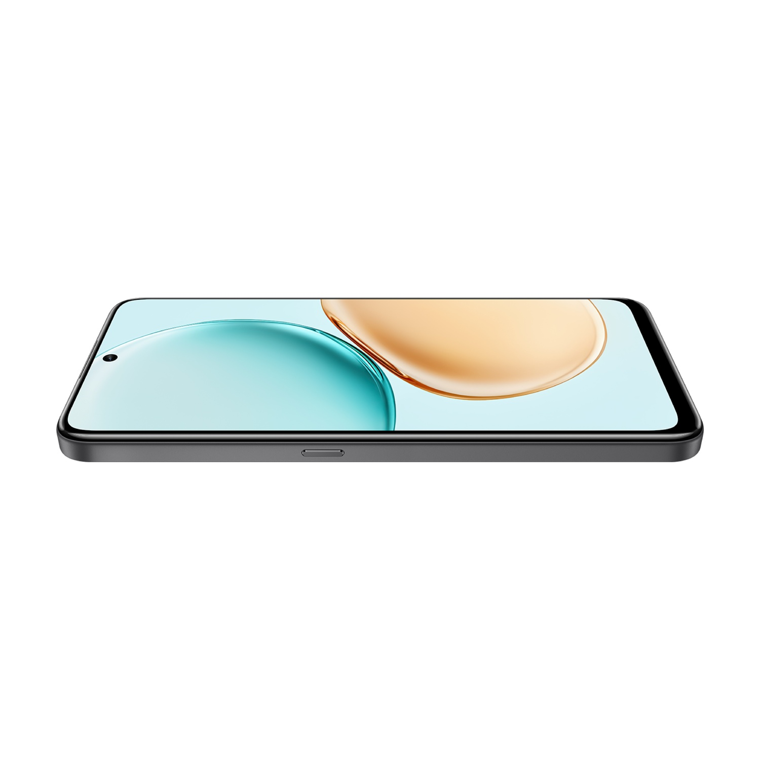 Uno smartphone nero è piatto. Lo schermo mostra un design astratto turchese e oro. Lo sfondo è bianco.