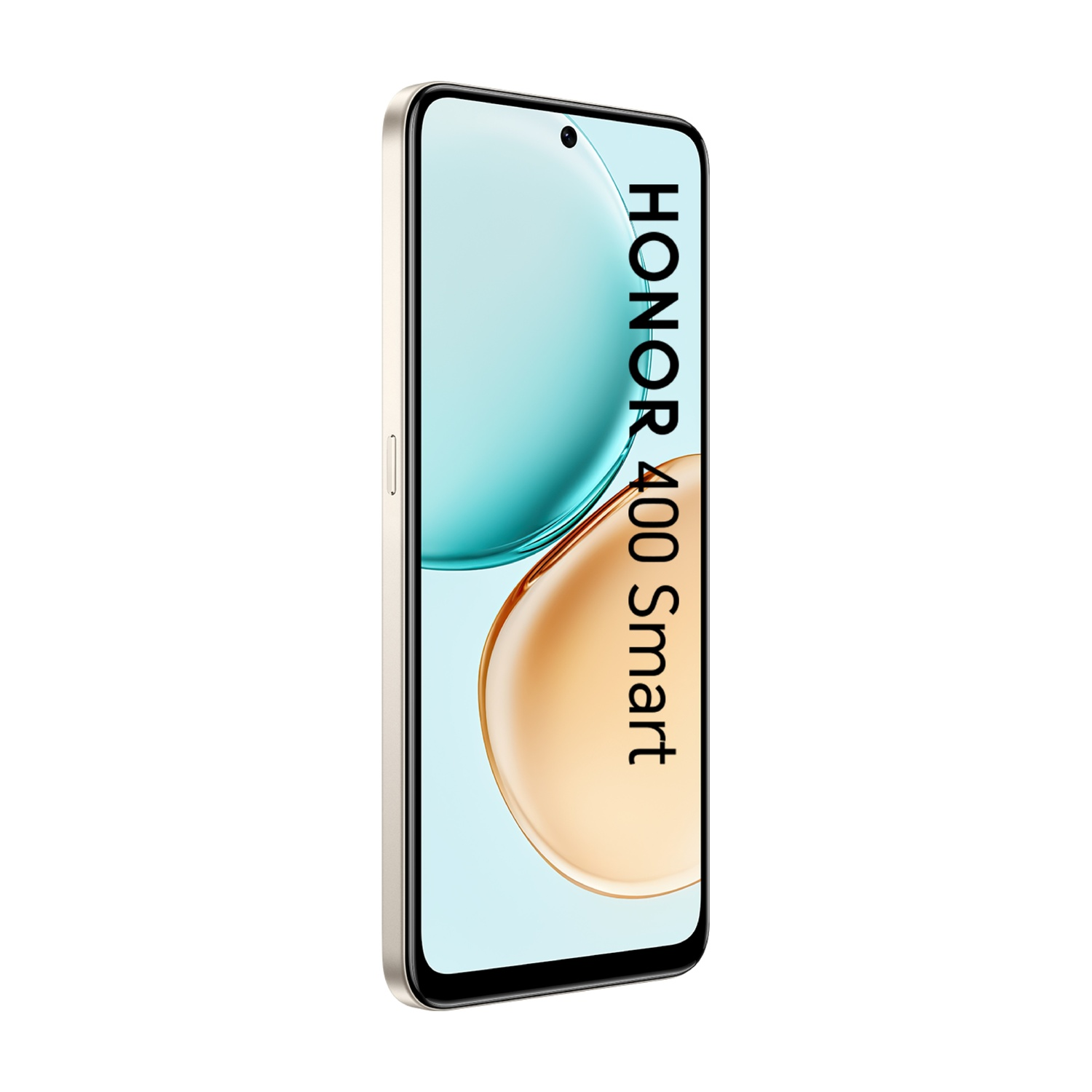 Uno smartphone su sfondo bianco. Lo schermo mostra sfumature turchese e oro con il testo "HONOR 400 Smart".