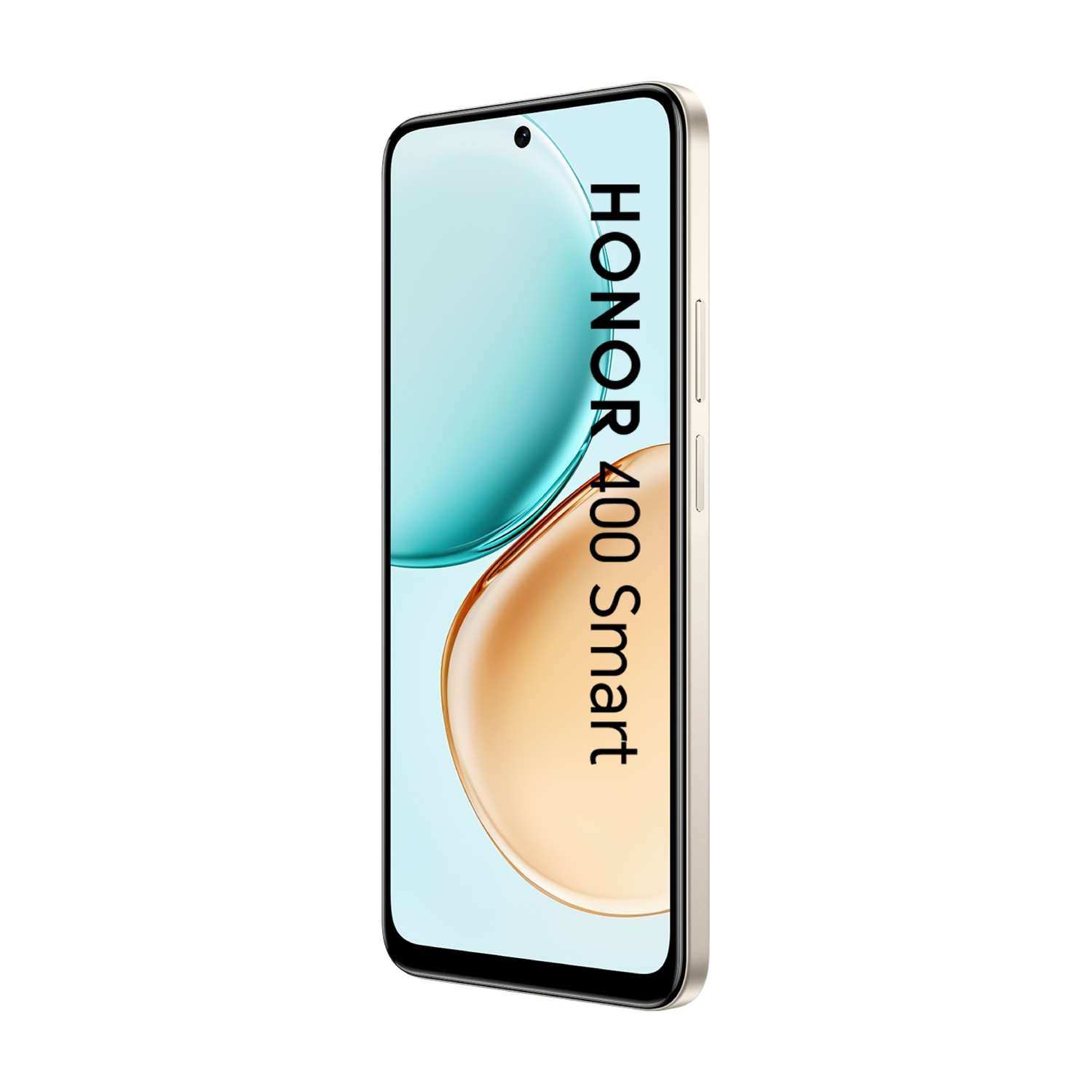 Uno smartphone con schermo curvo che mostra colori turchese e oro, con il testo 'HONOR 400 Smart'.