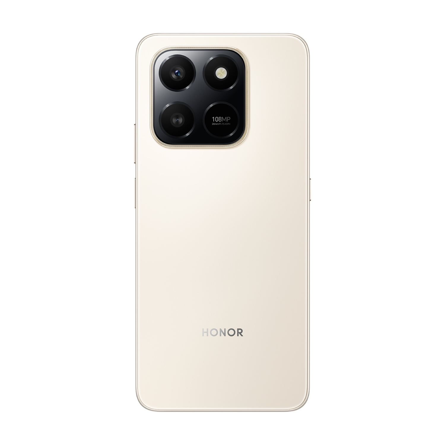 Retro di smartphone color crema. Modulo fotocamera quadrupla in alto. Logo HONOR in basso. Dettagli fotocamera 108MP visibili.