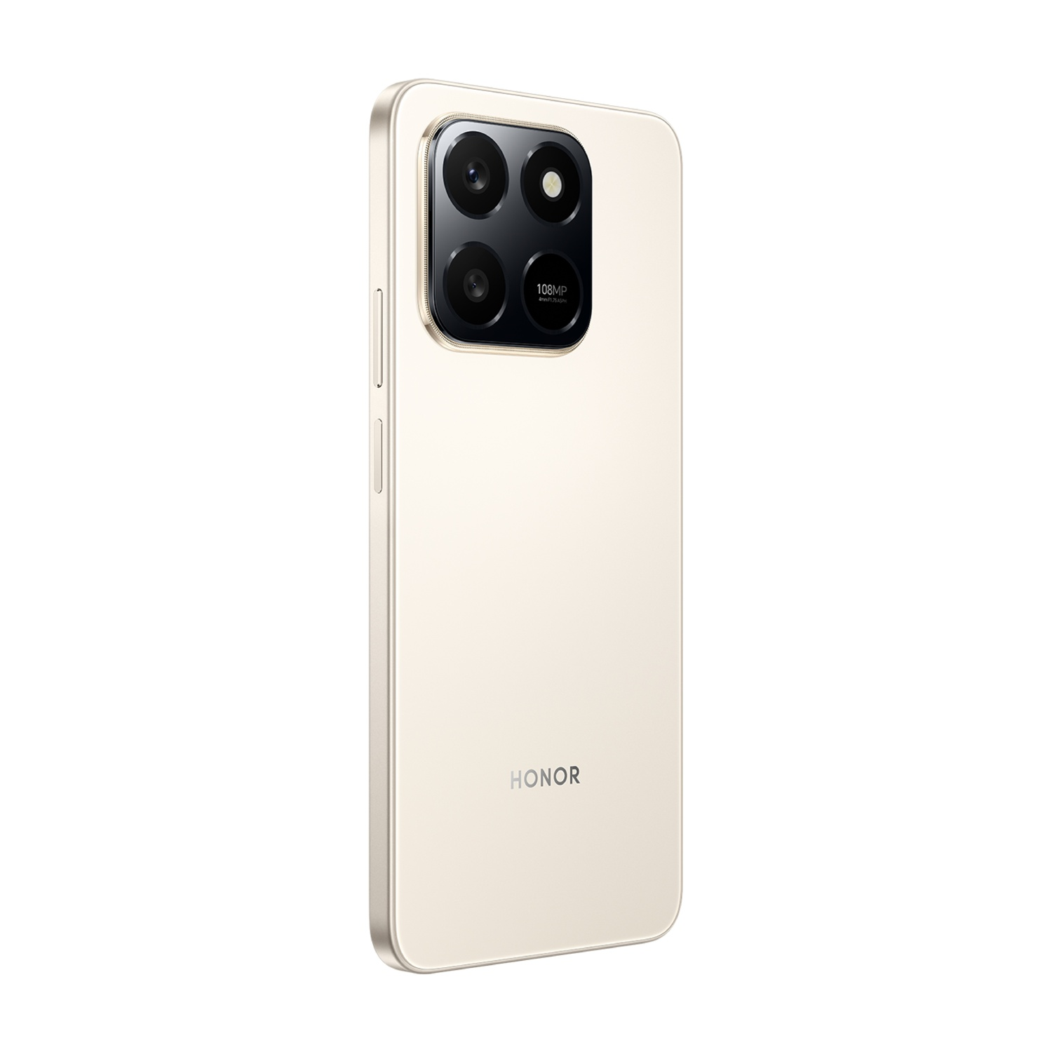Uno smartphone HONOR beige, vista posteriore. Ha un modulo fotocamera con quattro lenti. Il marchio è stampato in basso.