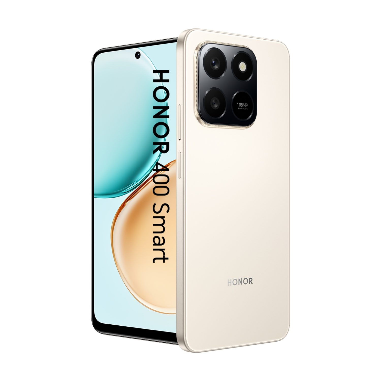 Viene mostrato un telefono HONOR 400 Smart beige, che mostra lo schermo e il retro. Lo schermo mostra una sfumatura blu e oro.