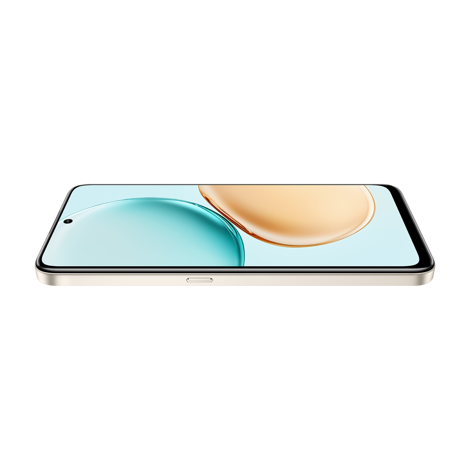 Uno smartphone è in orizzontale, schermo rivolto verso l'alto. Lo schermo mostra un design acquatico con colori blu e oro.