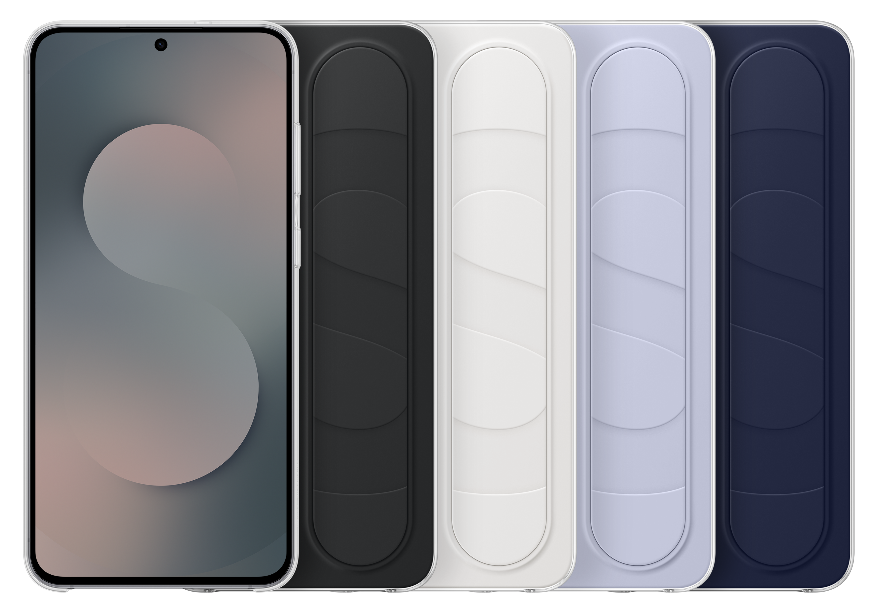 Smartfon z etui i cztery dodatkowe etui w kolorze czarnym, białym, jasnofioletowym i granatowym.
