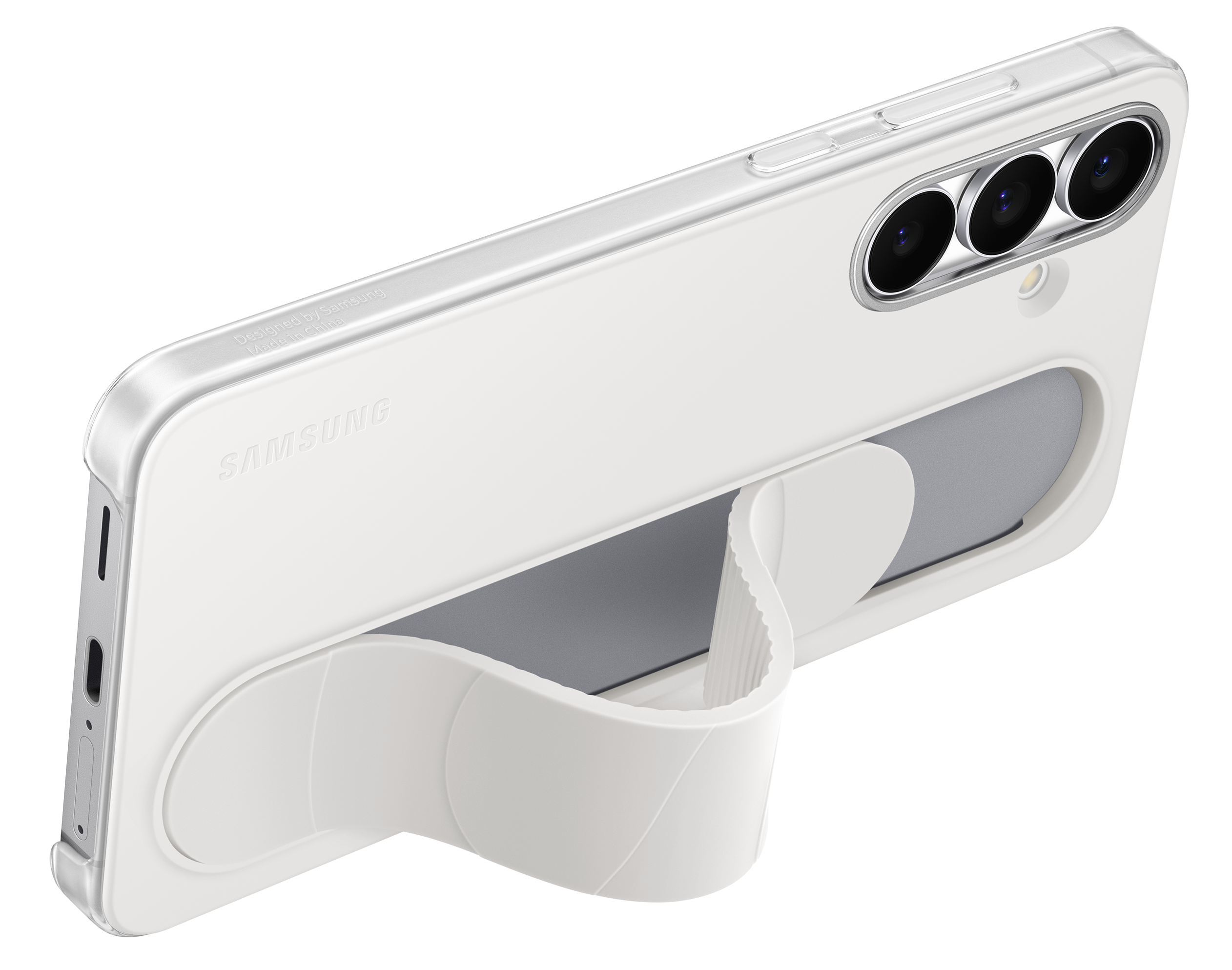 Białe etui na telefon ze stojakiem. Ma trzy obiektywy aparatu. Stojak jest złożony, a na etui znajduje się nazwa marki.