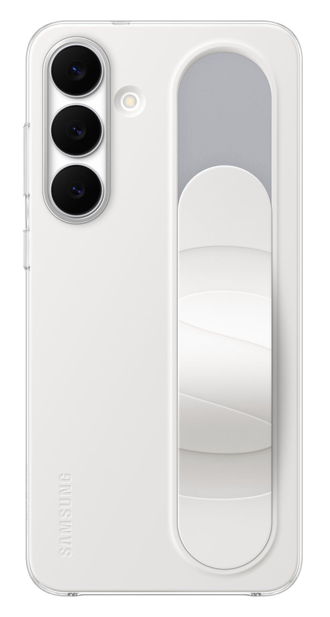 Biały telefon Samsung z trzema aparatami i białym uchwytem. Telefon ma przezroczyste etui. Tło jest czarne.