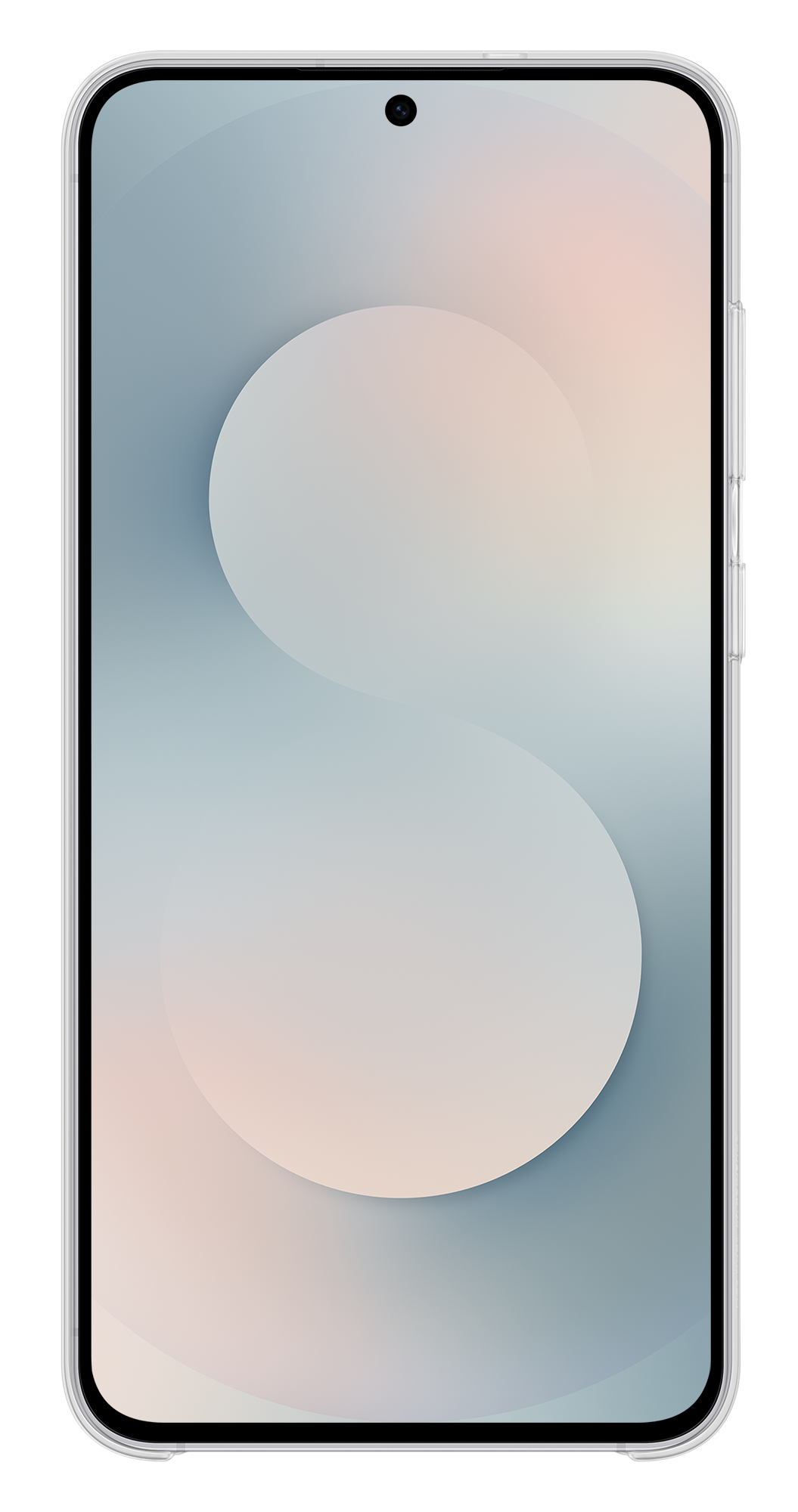 Smartfon z jasnoniebieskim i różowym gradientem tapety. Ma przezroczyste etui i czarne tło.