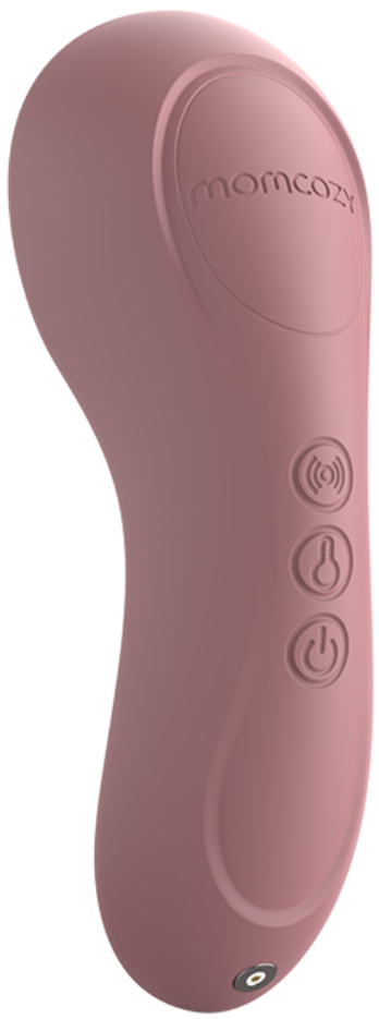 Ein rosafarbener Momcozy-Massagegerät. Es hat drei Knöpfe und das Momcozy-Logo. Das Massagegerät ist abgerundet und hat unten ein kleines Loch.