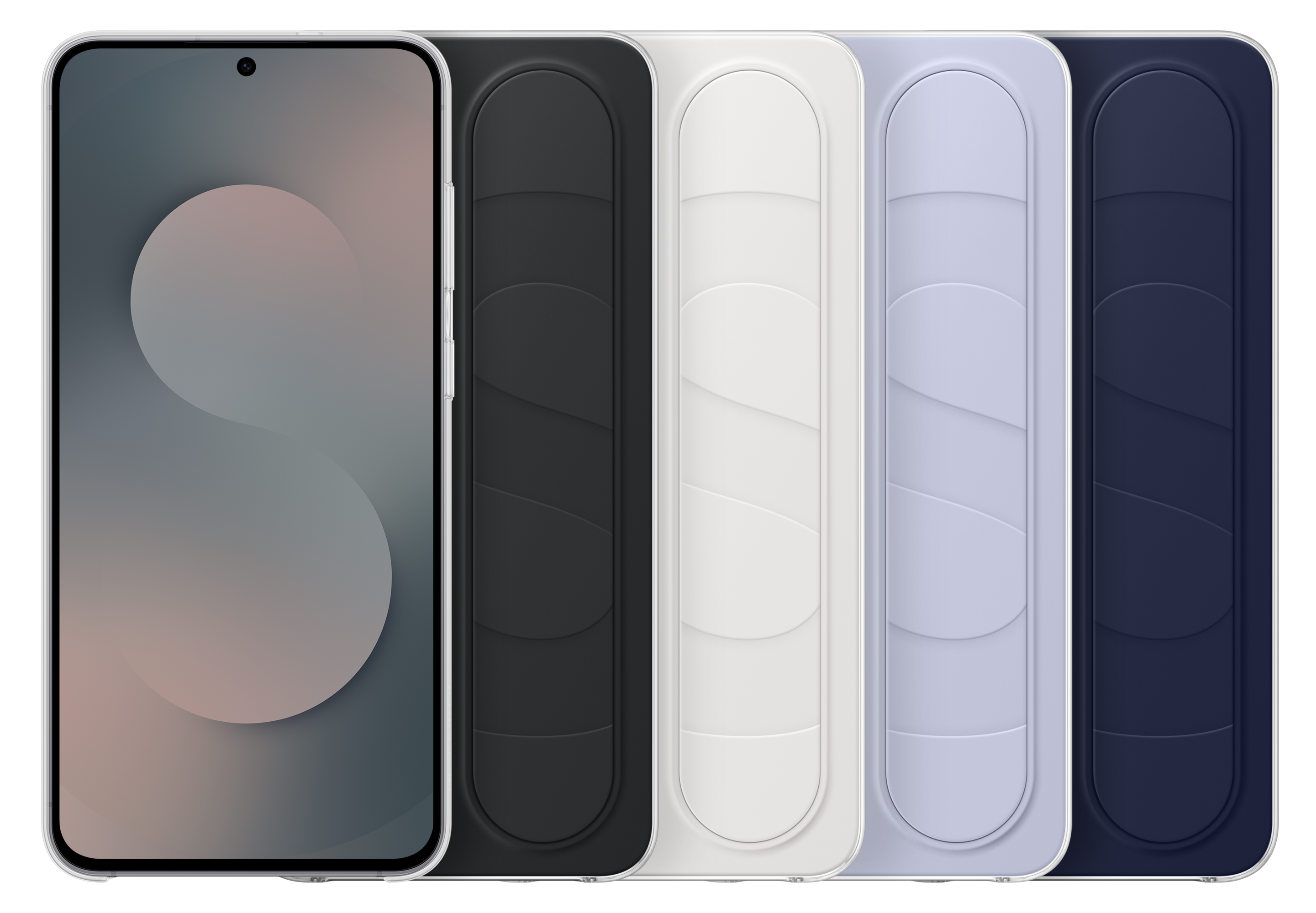 Smartfon z szarym tłem obok czterech pionowo ułożonych uchwytów do telefonu w kolorach czarnym, białym, lawendowym i granatowym.