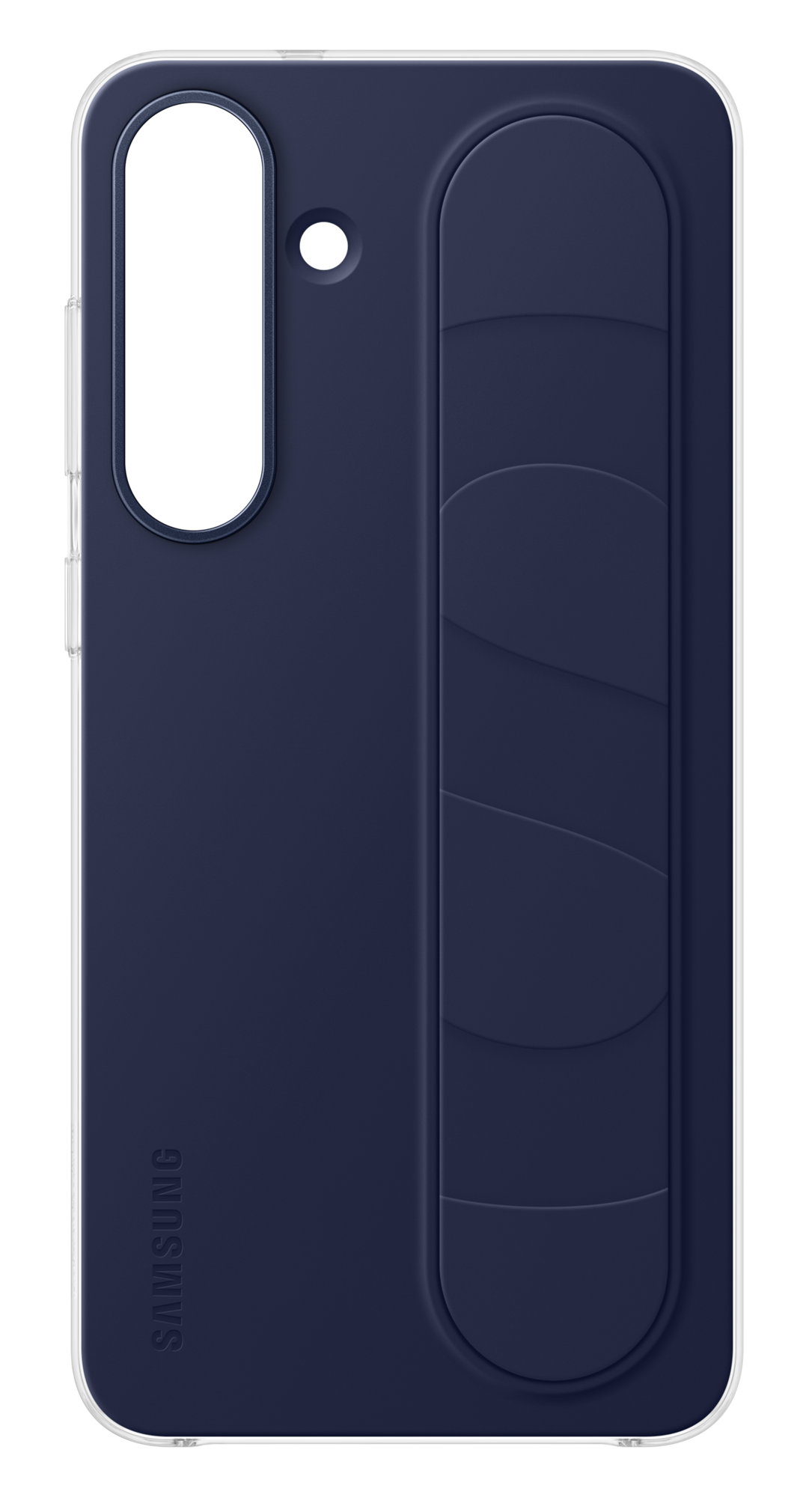 Ciemnoniebieskie etui na telefon Samsung. Ma wycięcie na aparat, podstawkę i logo Samsung. Ma przezroczystą ramkę.