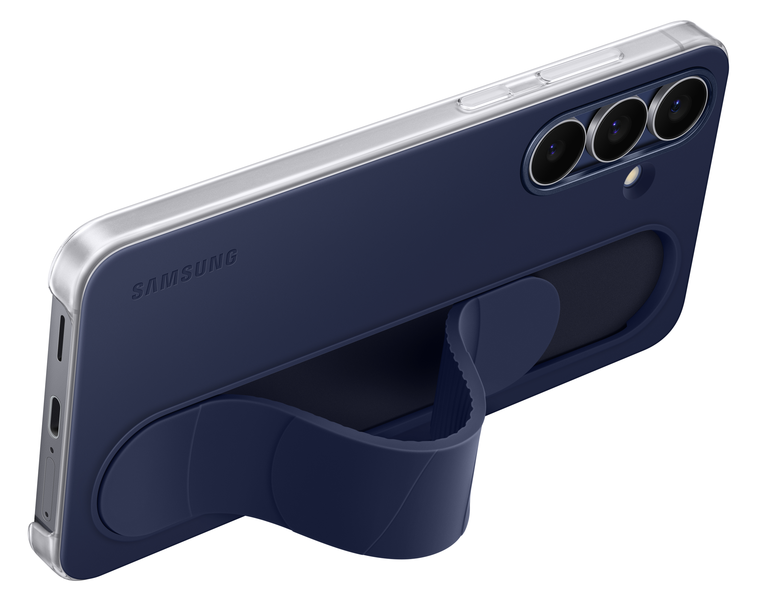 Niebieskie etui na telefon ze stojakiem. Na czarnym tle. Widoczne logo Samsunga.