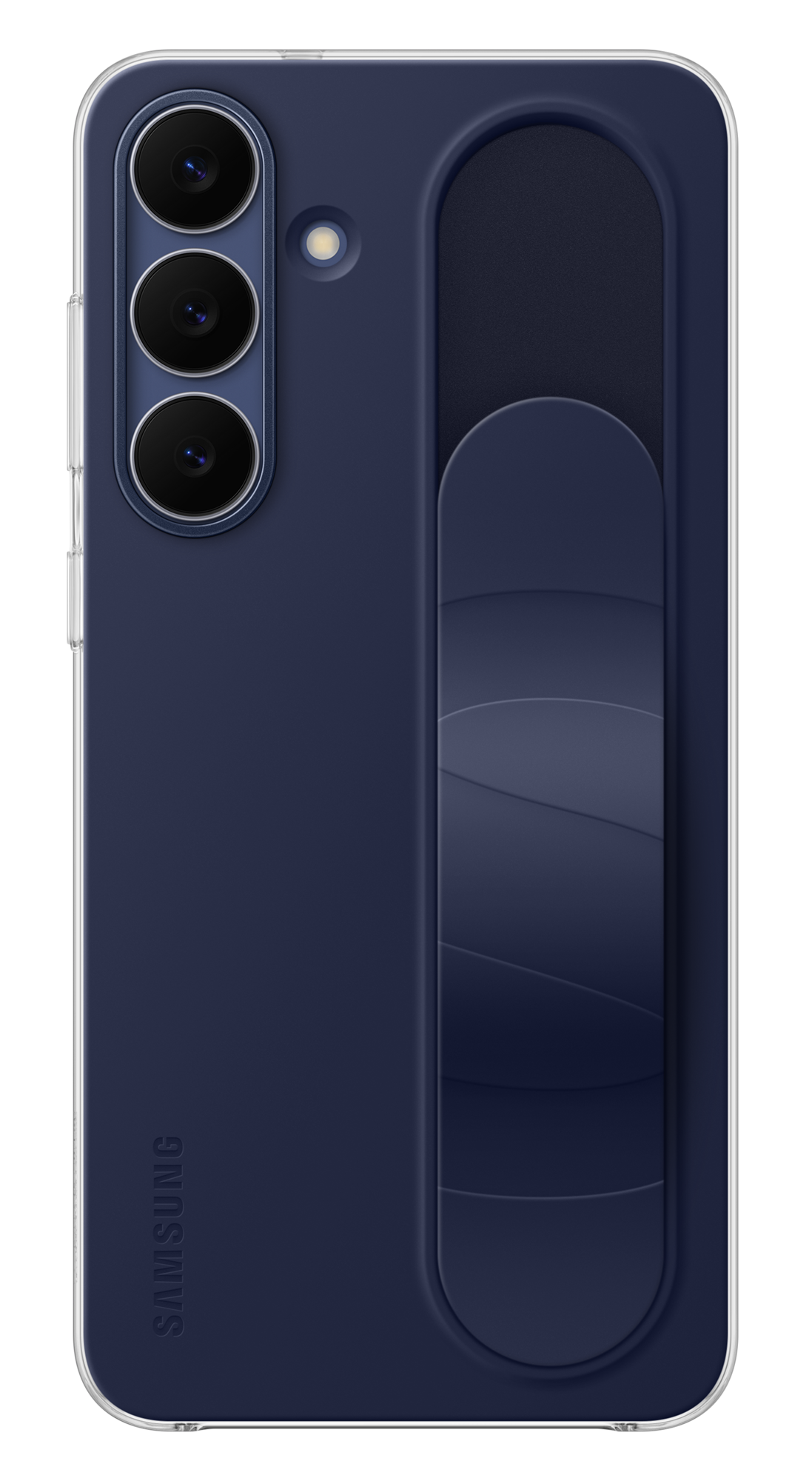 Granatowe etui na telefon z trzema obiektywami aparatu, światłem i uchwytem. Wydrukowano SAMSUNG.