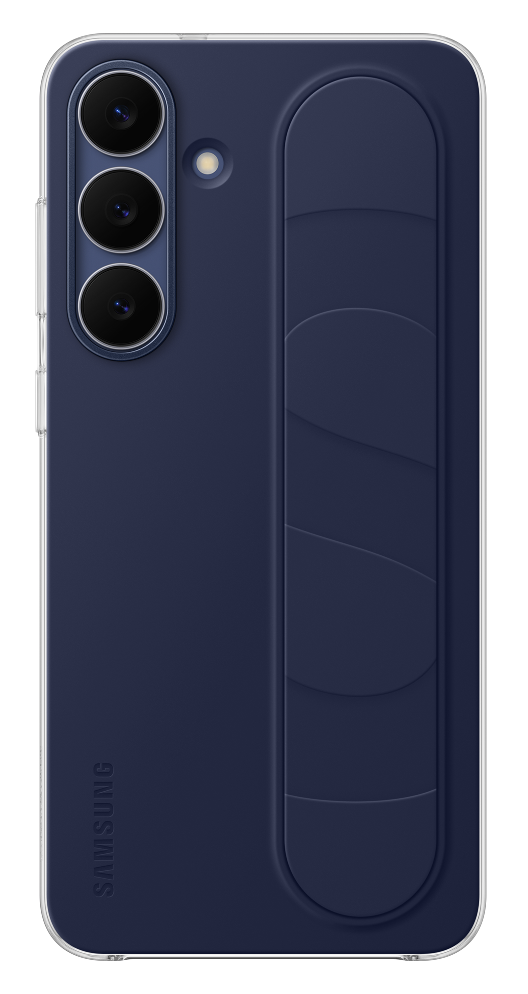 Granatowe etui na telefon z przezroczystą obwódką. Posiada sekcję aparatu z trzema obiektywami i uchwyt z boku. Widoczne jest logo Samsunga.