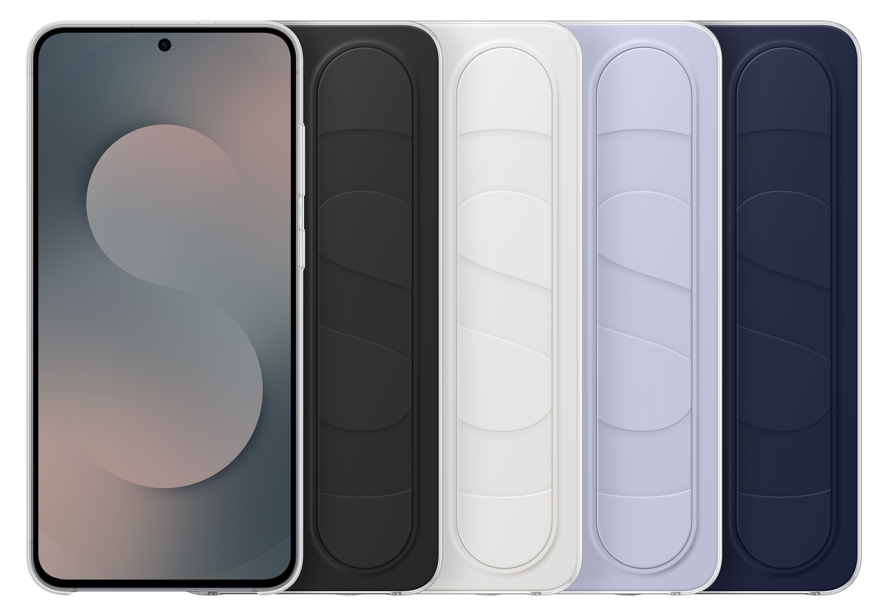 Smartfon po lewej i pięć uchwytów do telefonu w kolorze czarnym, białym, jasnoniebieskim i granatowym po prawej.