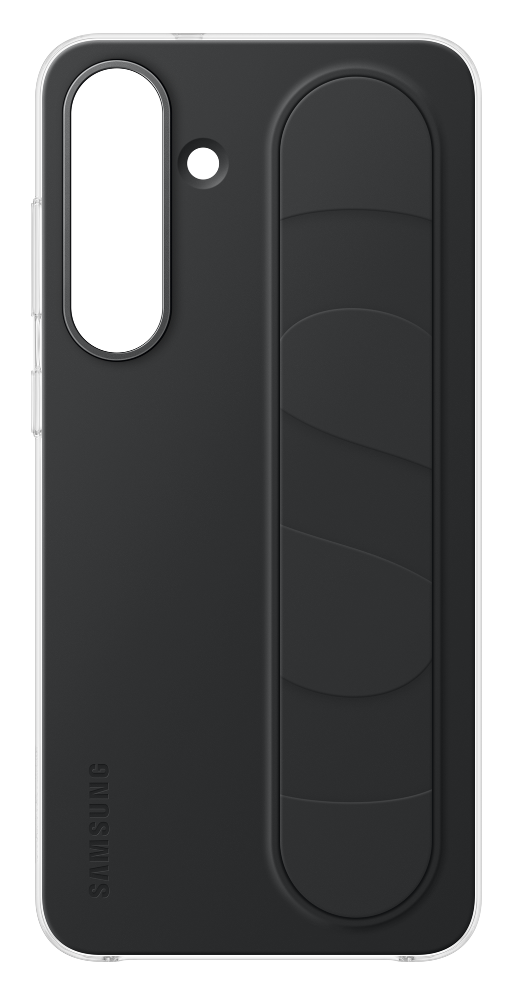 Czarne etui na telefon z przezroczystą ramką. Posiada wycięcie na aparat, uchwyt i logo Samsung. Tło jest czarne.