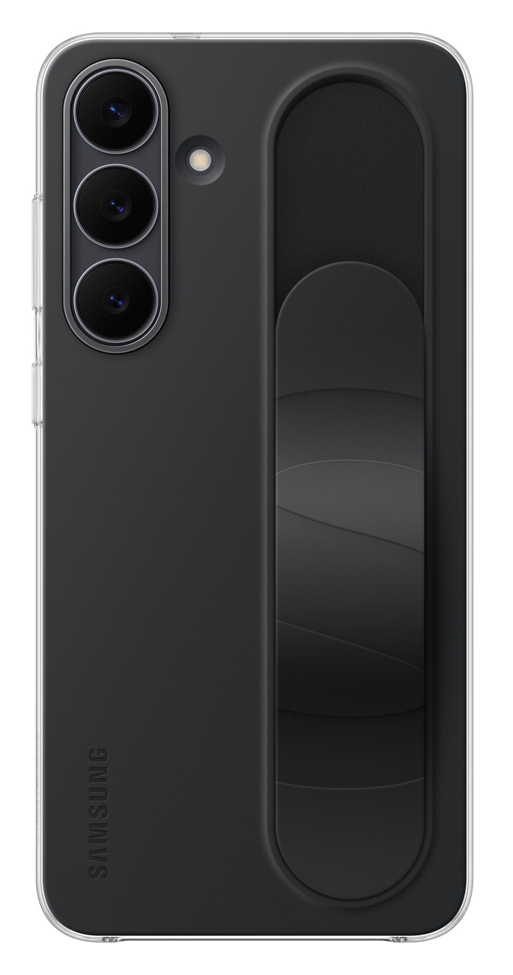 Czarne etui na telefon ze zintegrowanym uchwytem. Posiada trzy obiektywy aparatu, lampę błyskową i logo Samsung. Uchwyt ma łukowaty kształt.