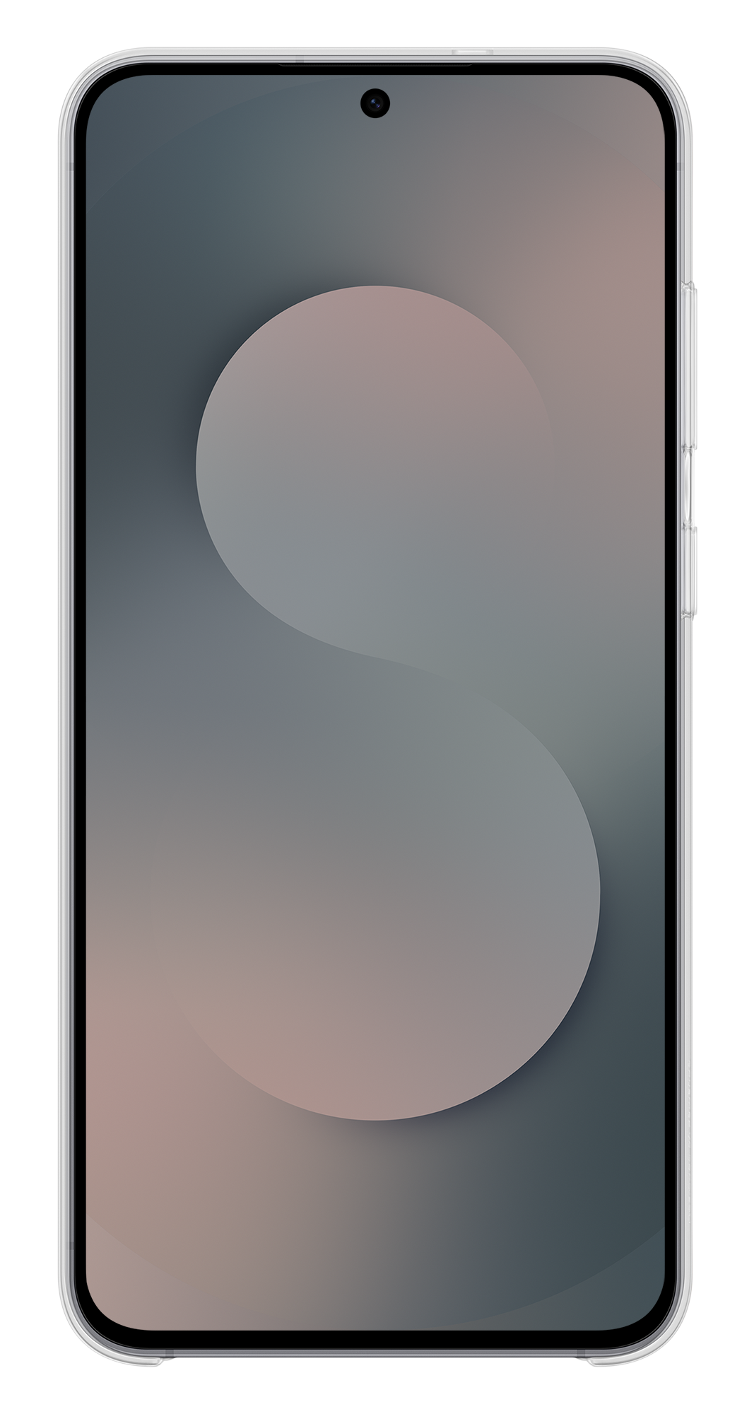 Smartfon na czarnym tle. Ekran wyświetla gradientowe tło z szarych i różowych kształtów w wzór 'S'.