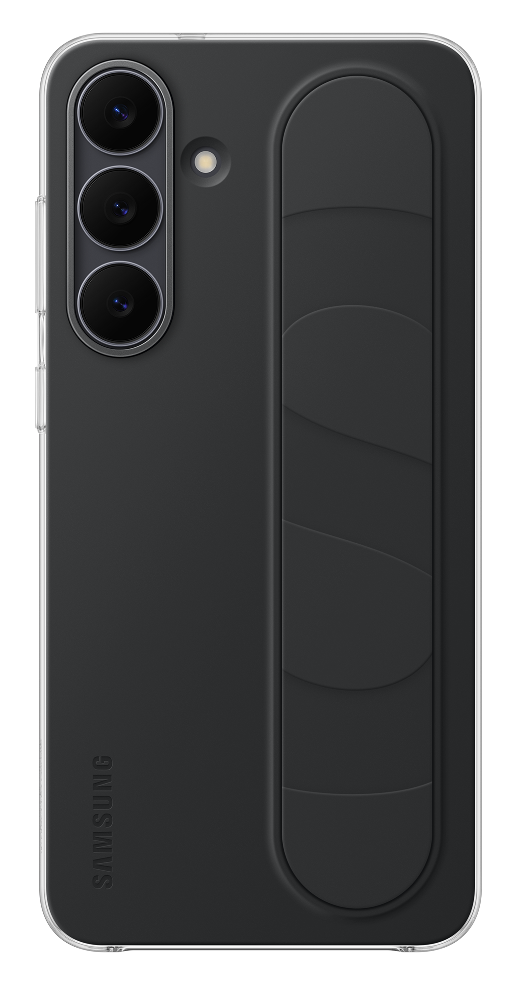Czarny futerał na telefon z trzema aparatami i pionowym uchwytem. Widoczne logo Samsung. Przezroczysta ramka wokół telefonu.