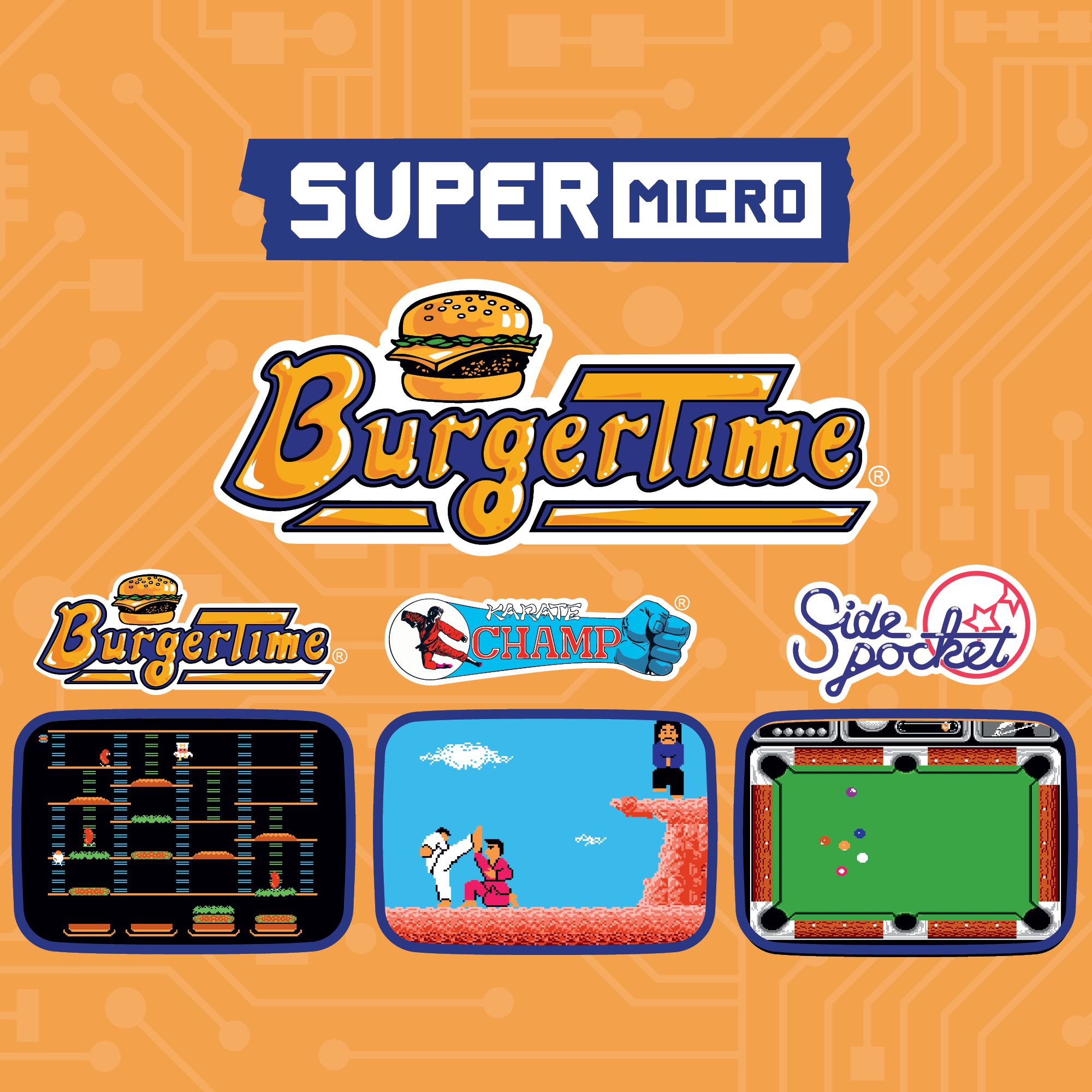Das Bild zeigt Logos von Retro-Arcade-Spielen: BurgerTime, Karate Champ und Side Pocket. Der Hintergrund ist orange mit Leiterplattenmuster.