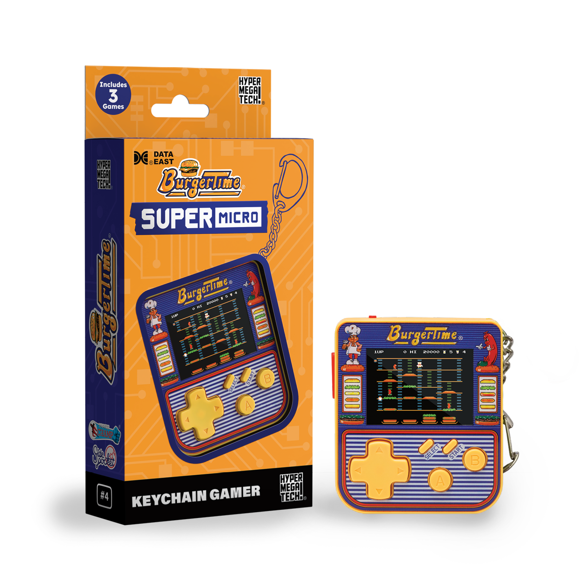 Schachtel und Schlüsselanhänger-Spiel von BurgerTime. Die Schachtel ist orange und blau, mit sichtbarer Spielkonsole. Der Schlüsselanhänger hat ein gelbes Steuerkreuz.