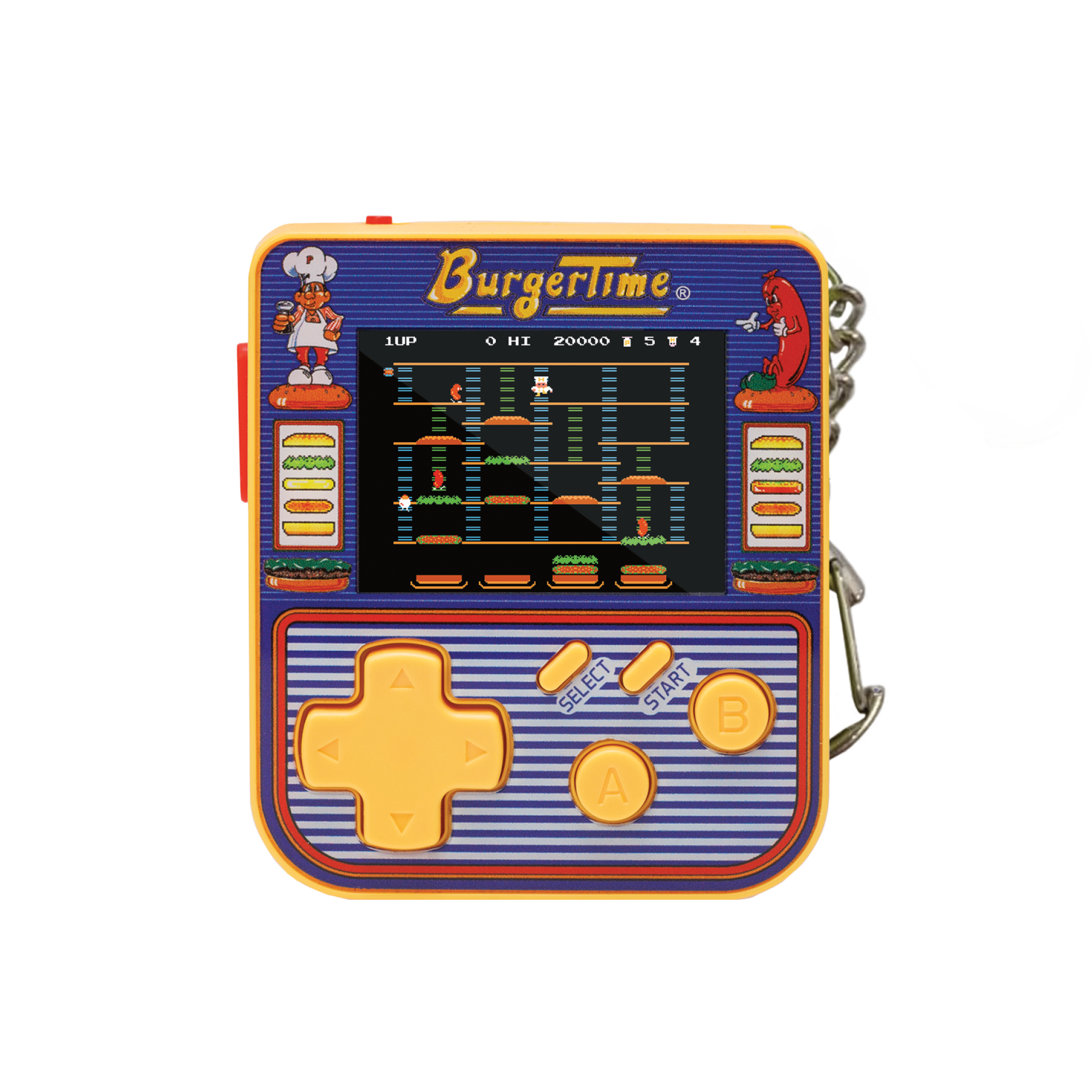 Ein BurgerTime-Handheld-Spiel. Es hat einen Bildschirm, der das Spiel anzeigt, gelbe Steuertasten und eine Kette zum Befestigen.