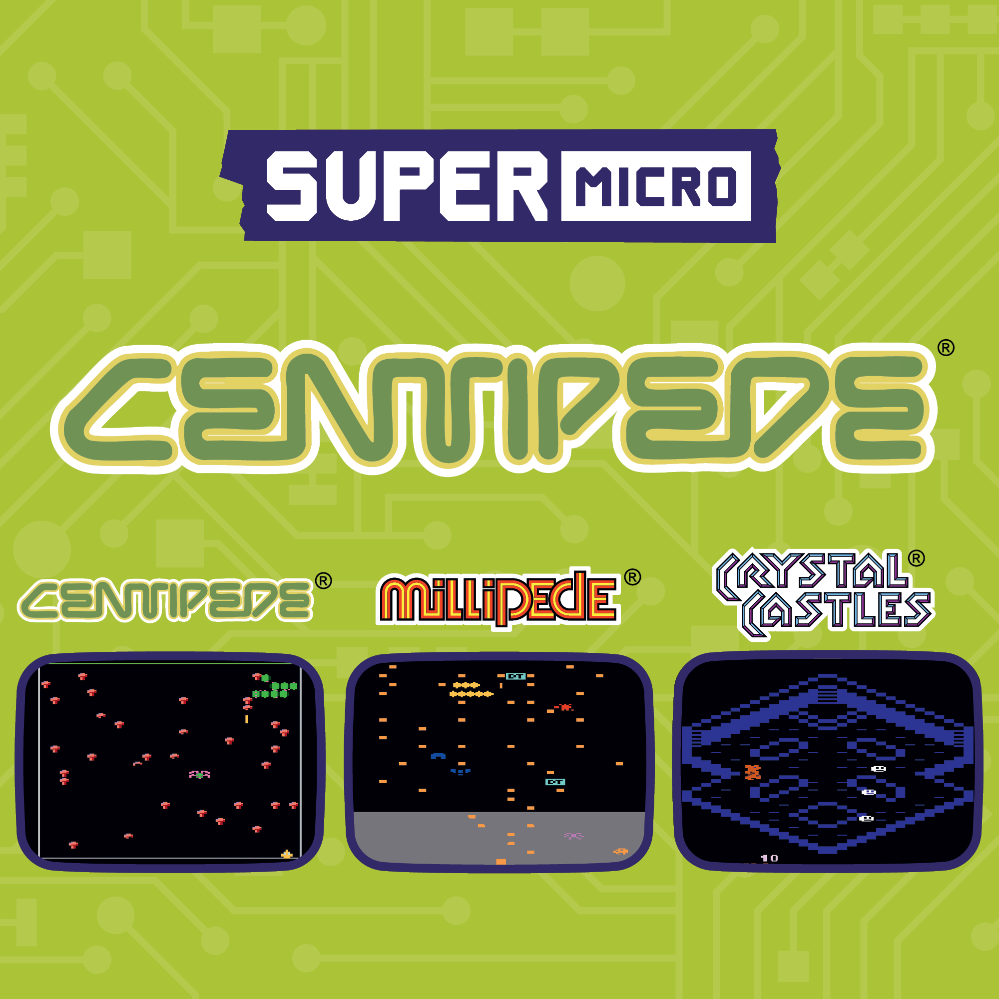Retro-Spielwerbung mit Logos und Spielbildschirmen. Super Micro, Centipede, Millipede und Crystal Castles Titel werden gezeigt.