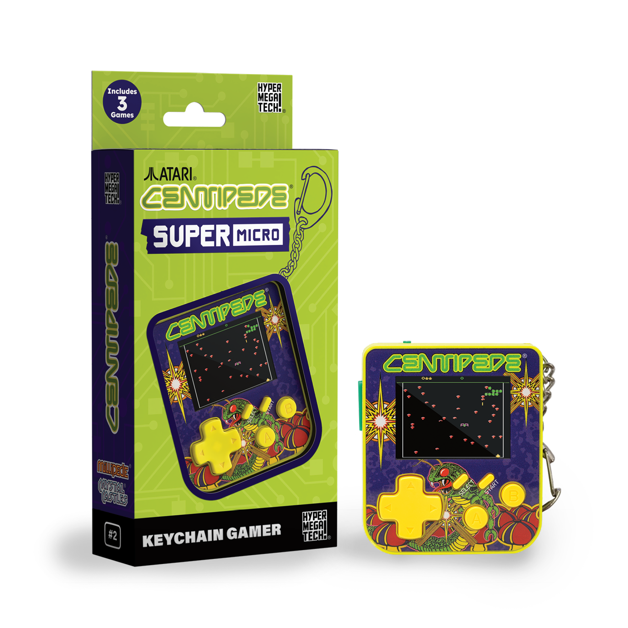 Eine Schachtel und ein Schlüsselanhänger-Spiel mit dem Spiel Centipede. Die Schachtel ist grün und lila. Das Spiel ist gelb und lila.