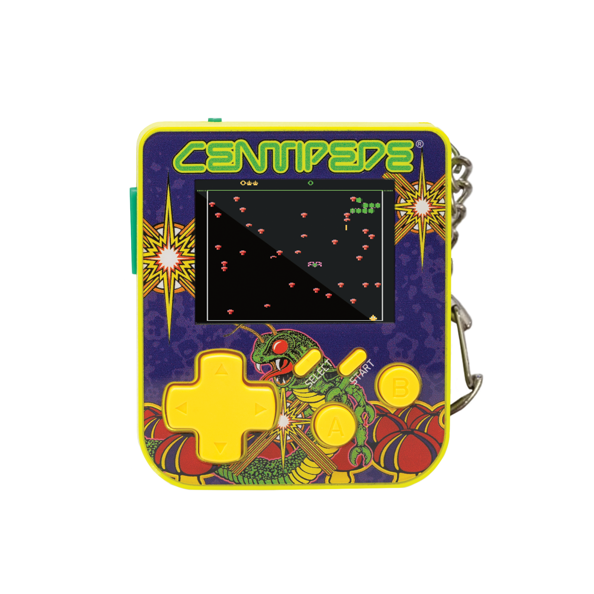 Miniatur-Centipede-Arcade-Spiel. Gelbe Bedienelemente, lila Hintergrund und ein Bildschirm mit dem Spiel. Kette befestigt.