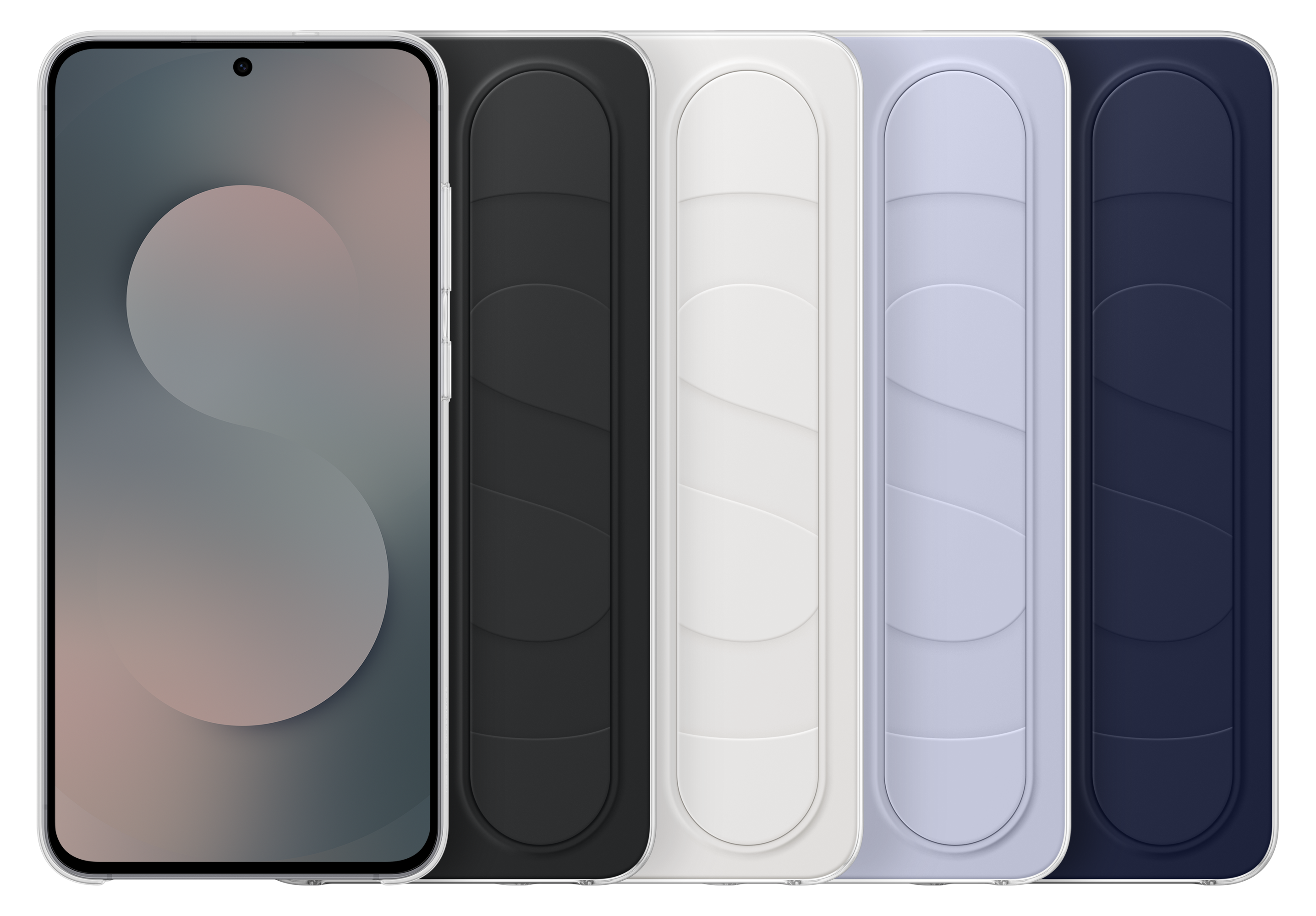 Telefon z gradientowym ekranem i czterema uchwytami do telefonu w różnych kolorach.